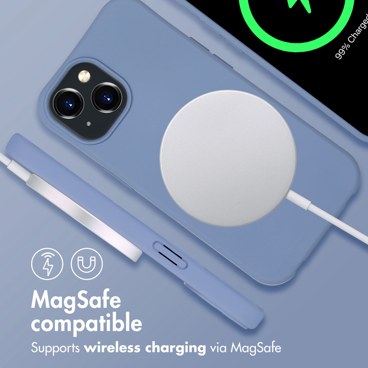 A blue phone with a MagSafe charger and cable on a blue background.