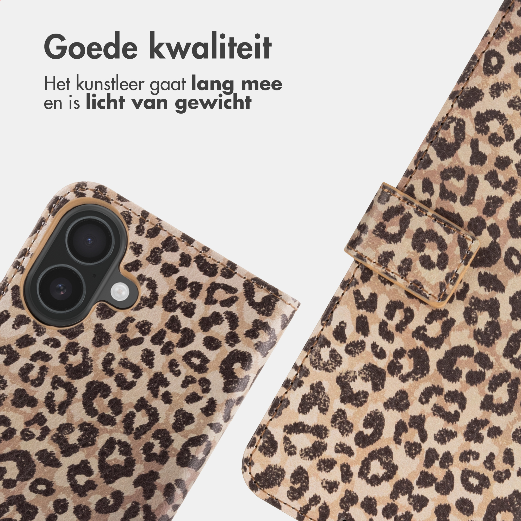 Custodia per telefono leopardata con foro fotocamera e patta.
