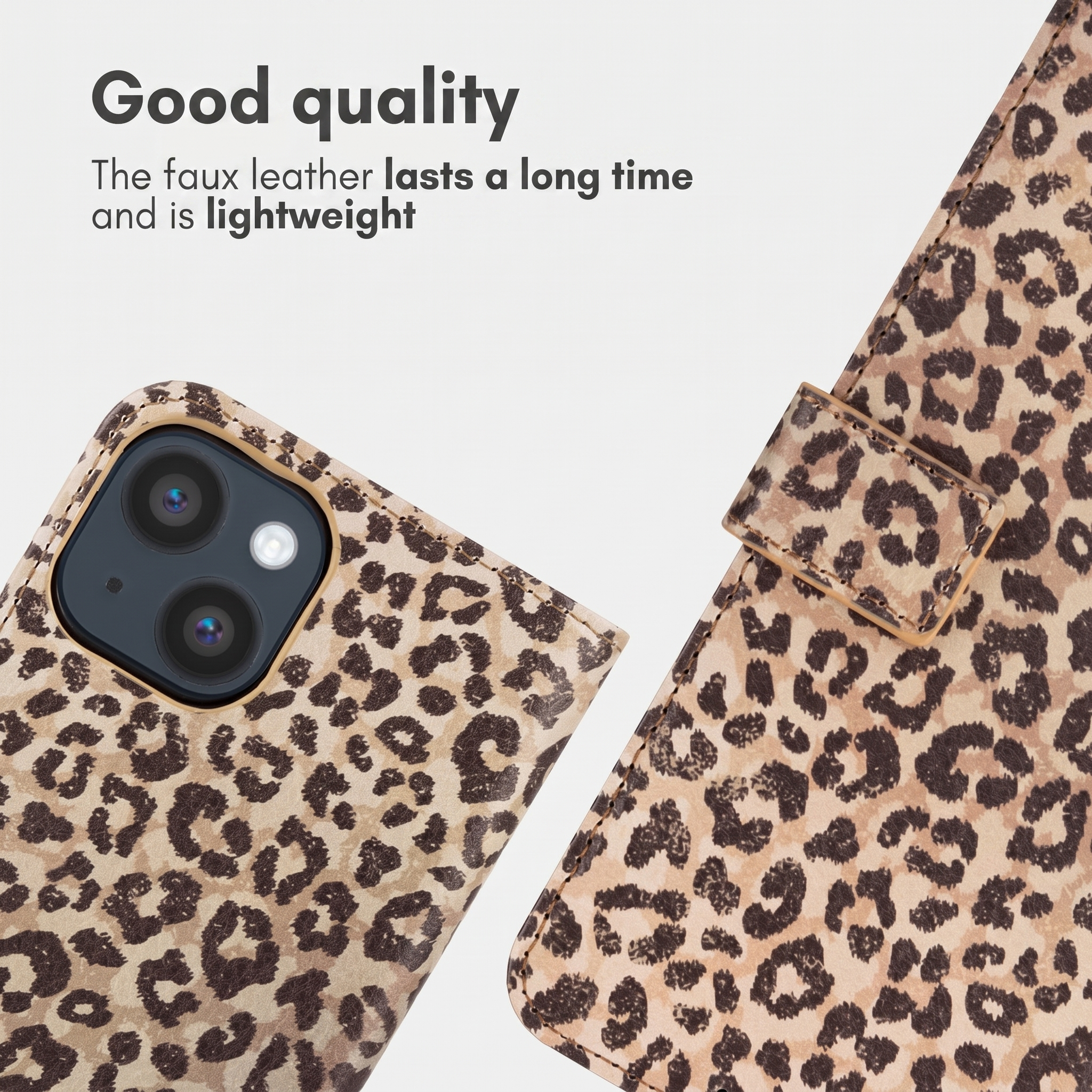 Custodia per telefono leopardata con ritaglio fotocamera e chiusura.