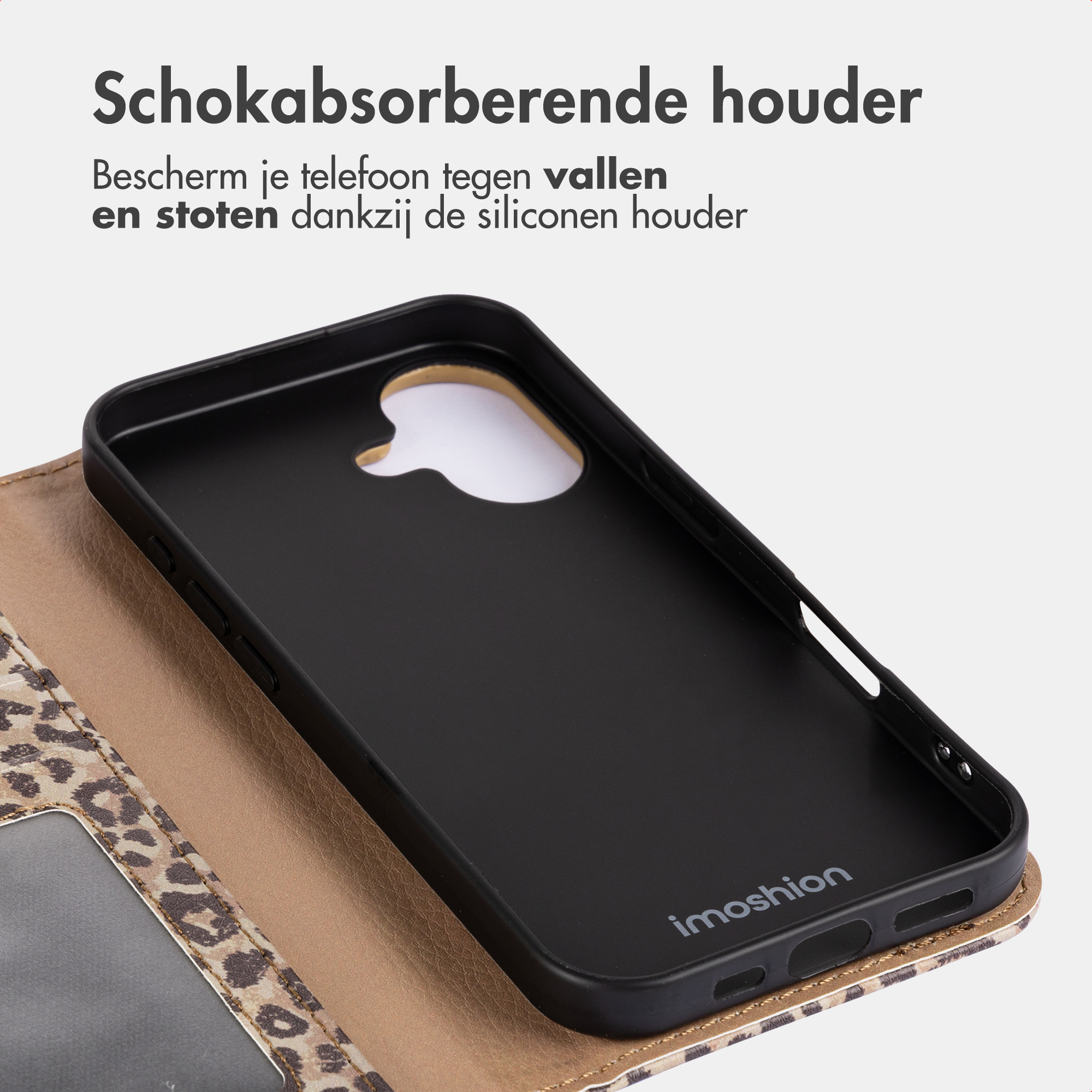 Custodia nera per telefono con stampa leopardata e bordo dorato.