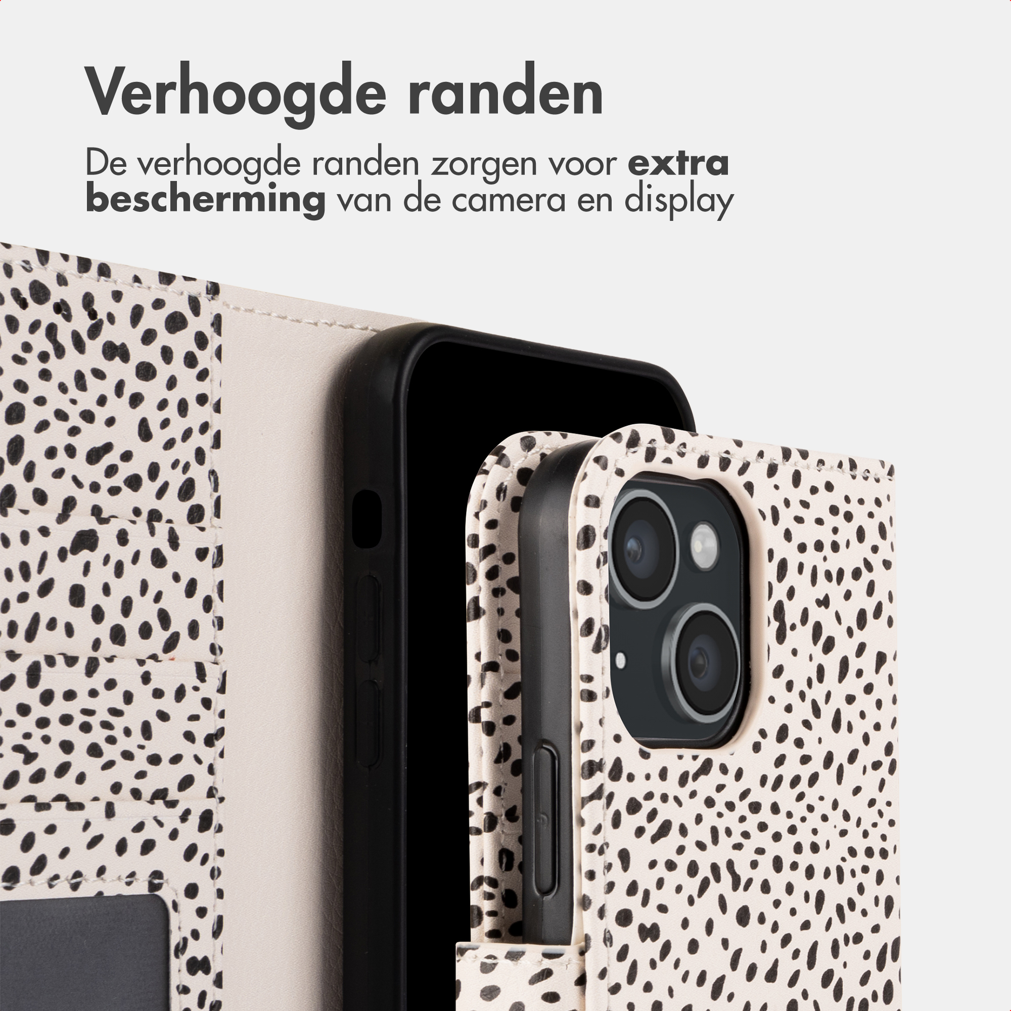 A phone with a dotted pattern cover flap lies on a backing.