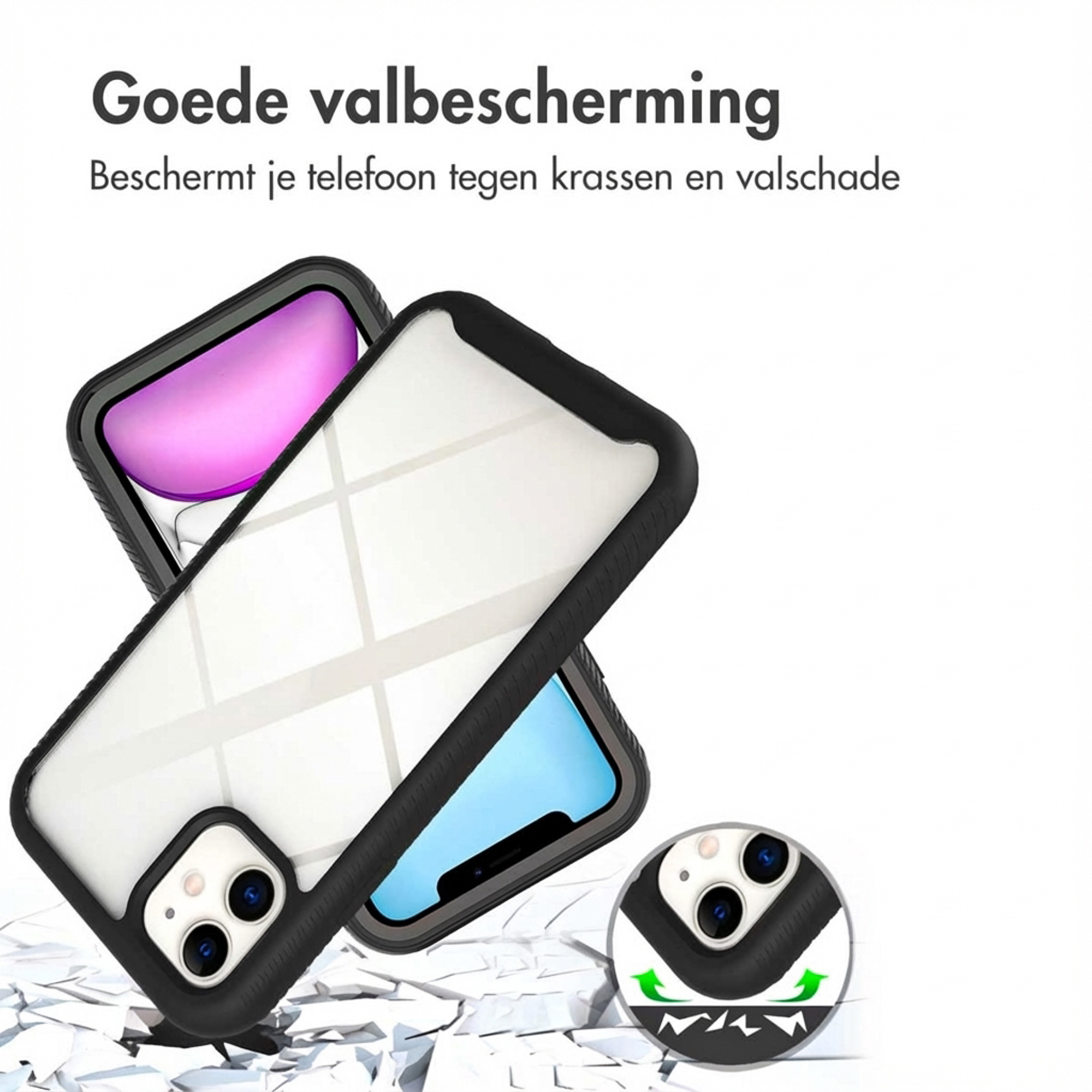 Custodia trasparente con bumper nero per smartphone, mostra protezione.