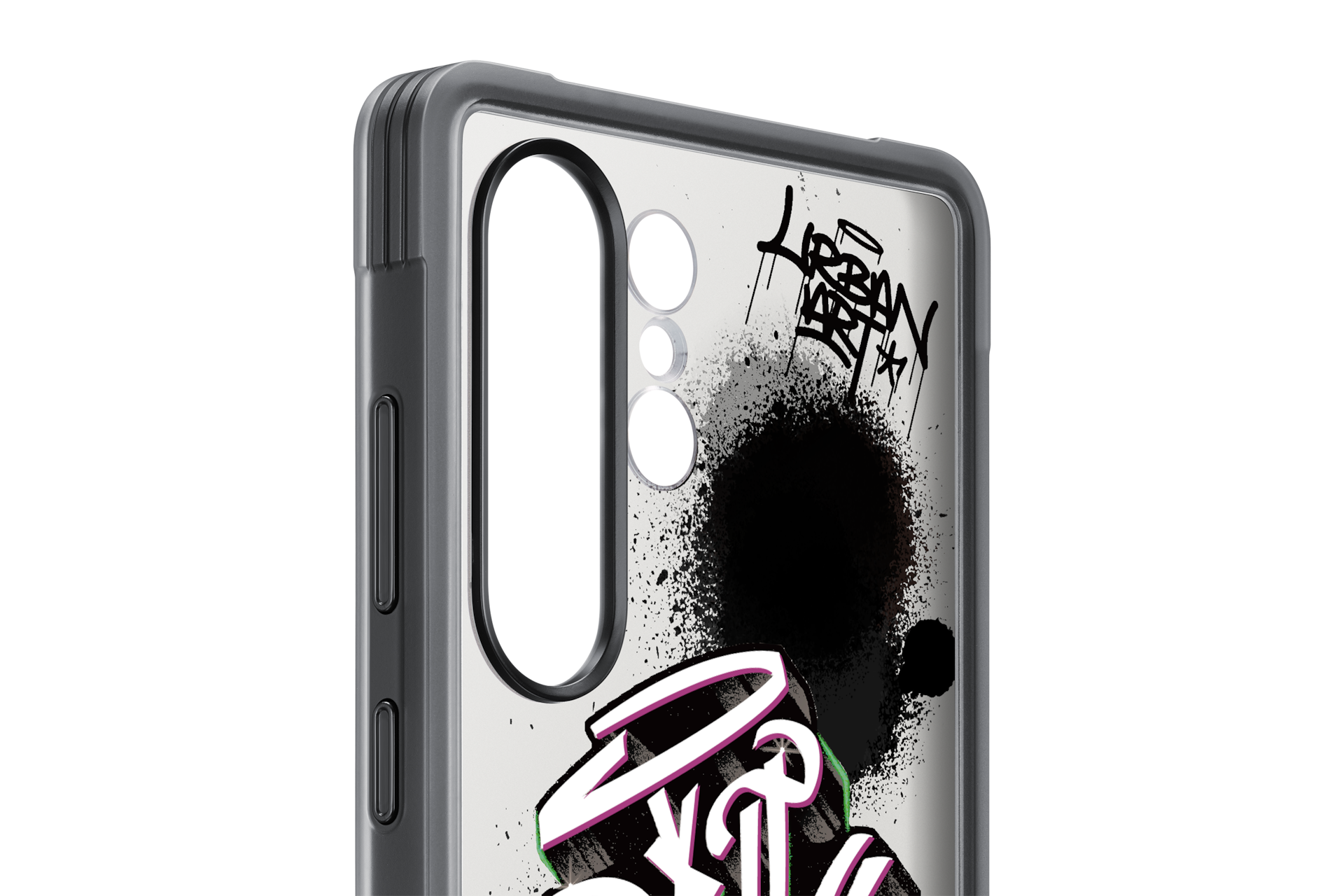 Funda de teléfono con graffiti: spray negro, palabra 'URBAN ART', texto 'ART' rosa/verde.