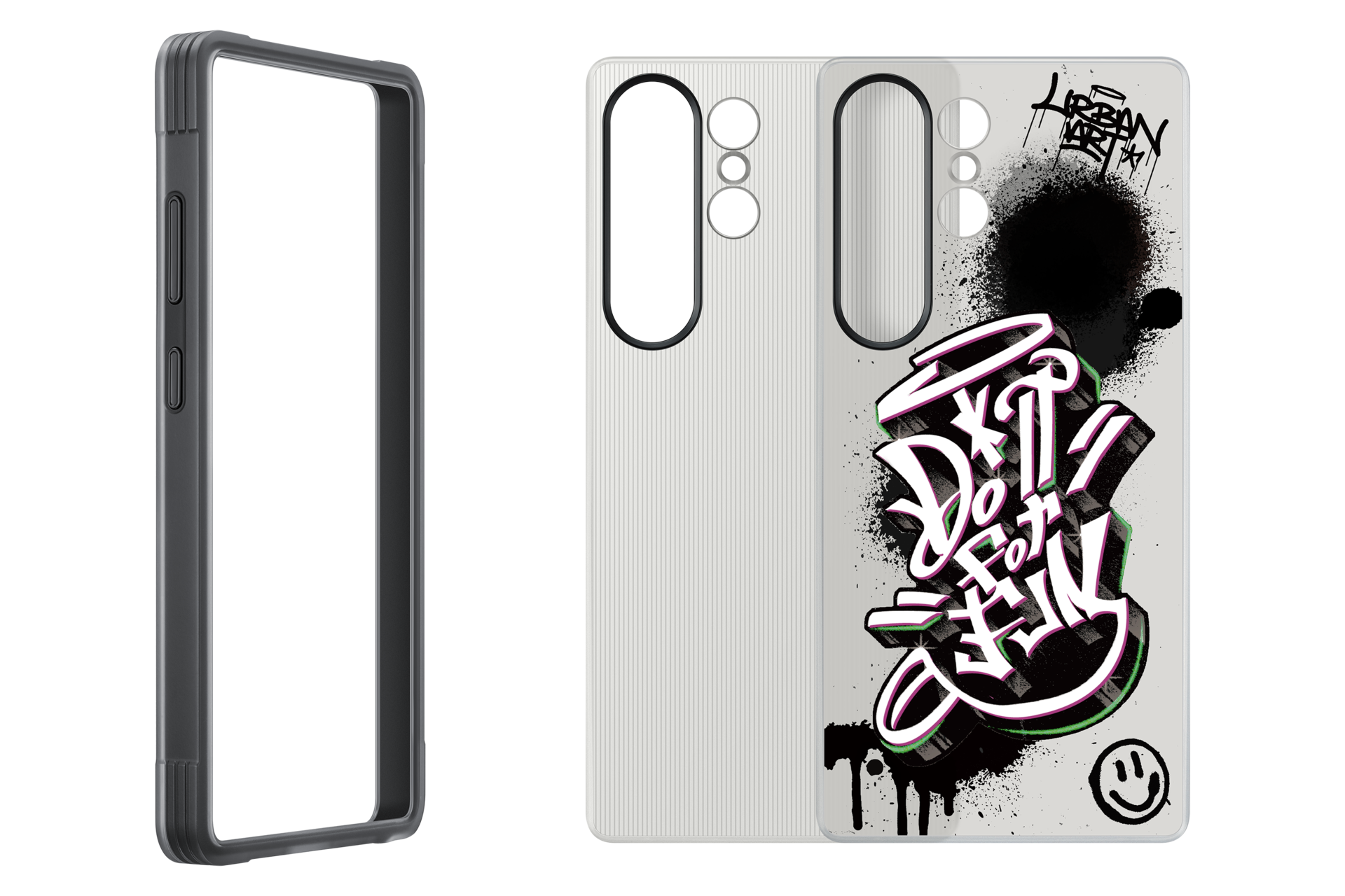 Una funda de teléfono transparente junto a una funda de teléfono gris con arte de graffiti en blanco y negro, salpicaduras de pintura negra y una cara sonriente.