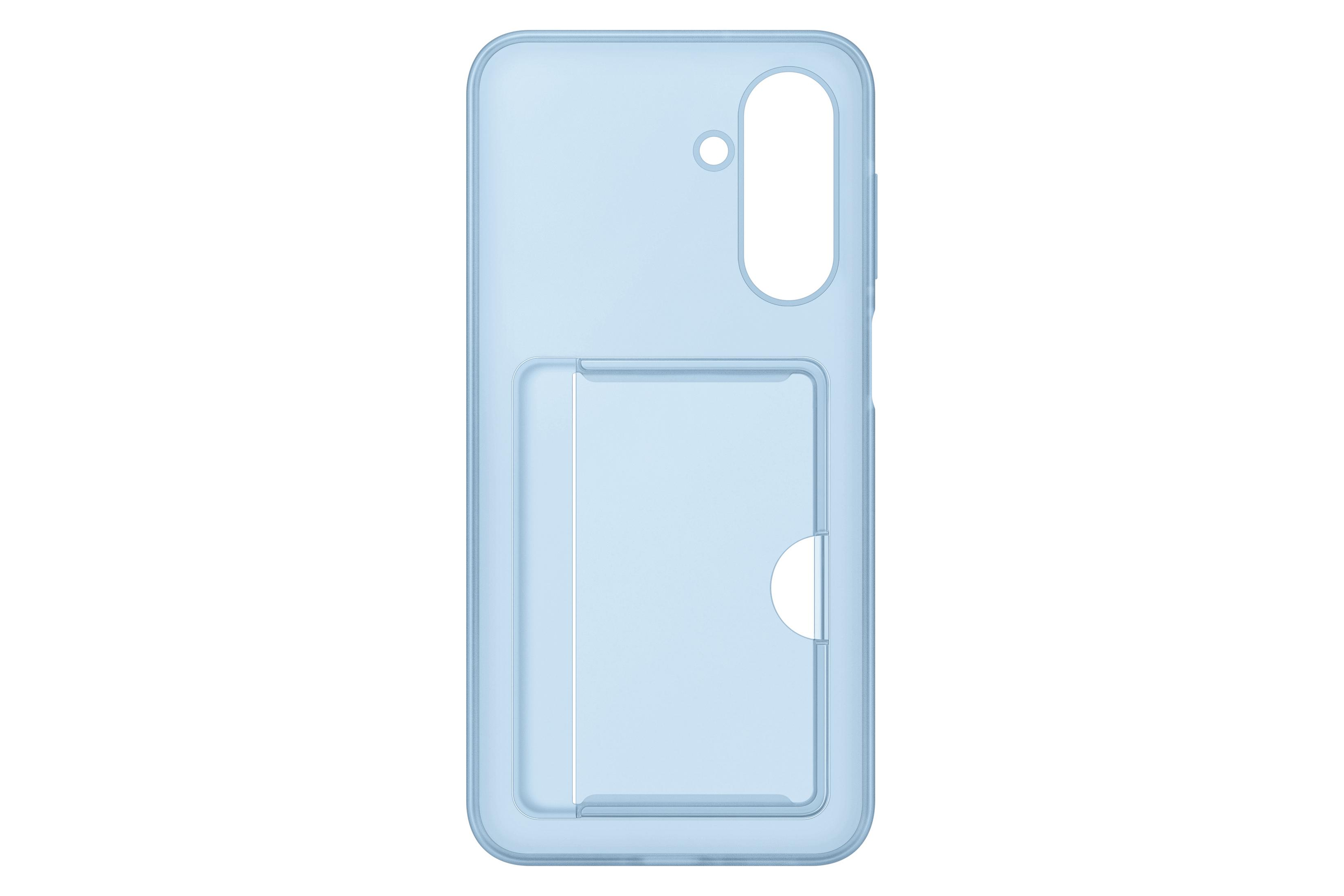 Una custodia per telefono blu chiaro traslucida con slot per carte e ritaglio fotocamera.
