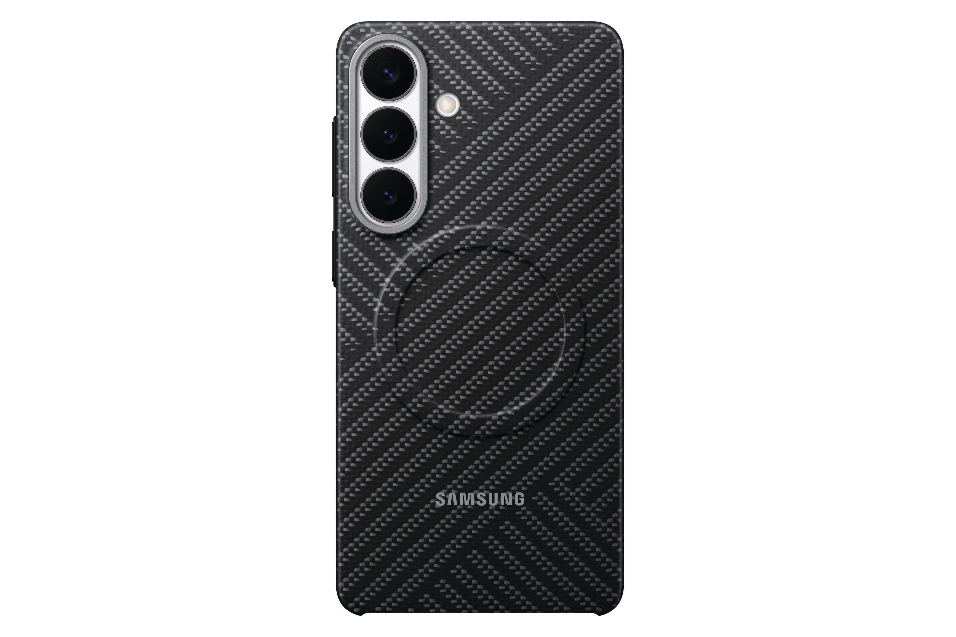 Schwarze Handyhülle mit Carbonfaser-Muster, drei Kameras und Samsung-Logo.