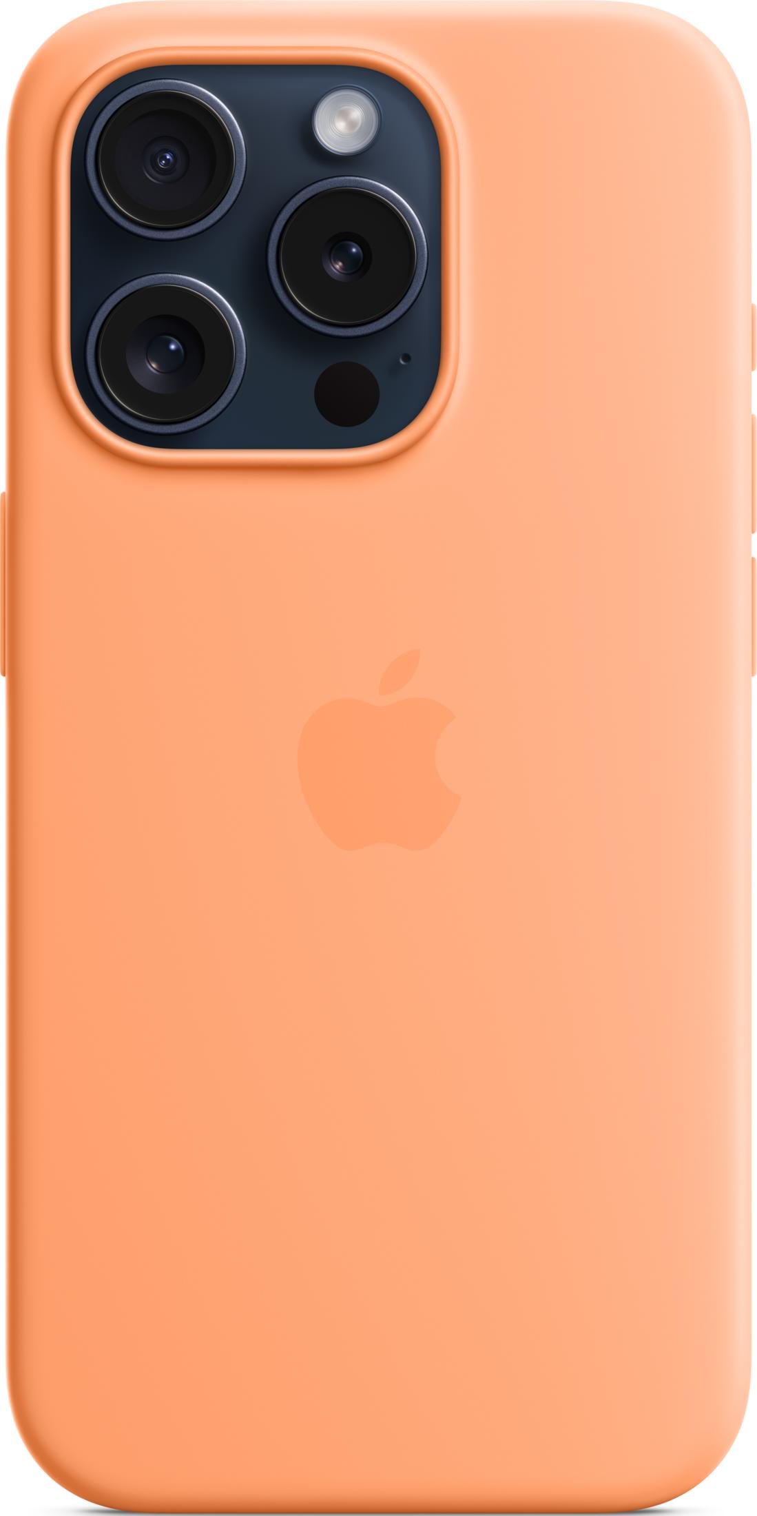 An orange phone case with a triple camera setup and a flash on the back.