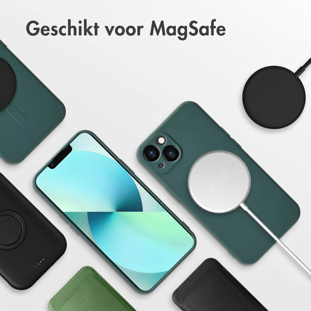 Een smartphone met MagSafe-oplader en accessoires op witte achtergrond.