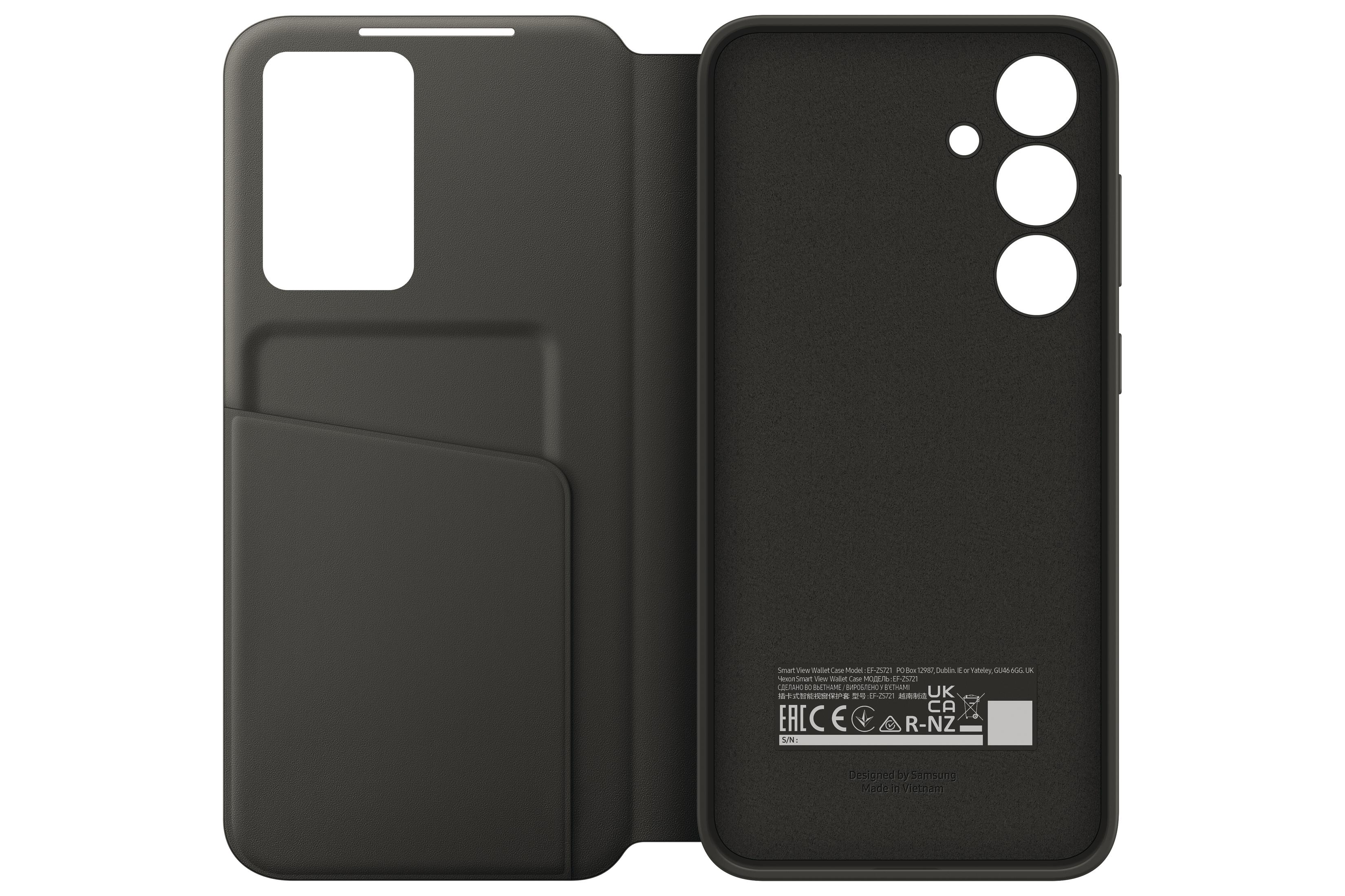 Funda tipo cartera negra con visor y ranura para tarjeta. Dorso con recortes de cámara.
