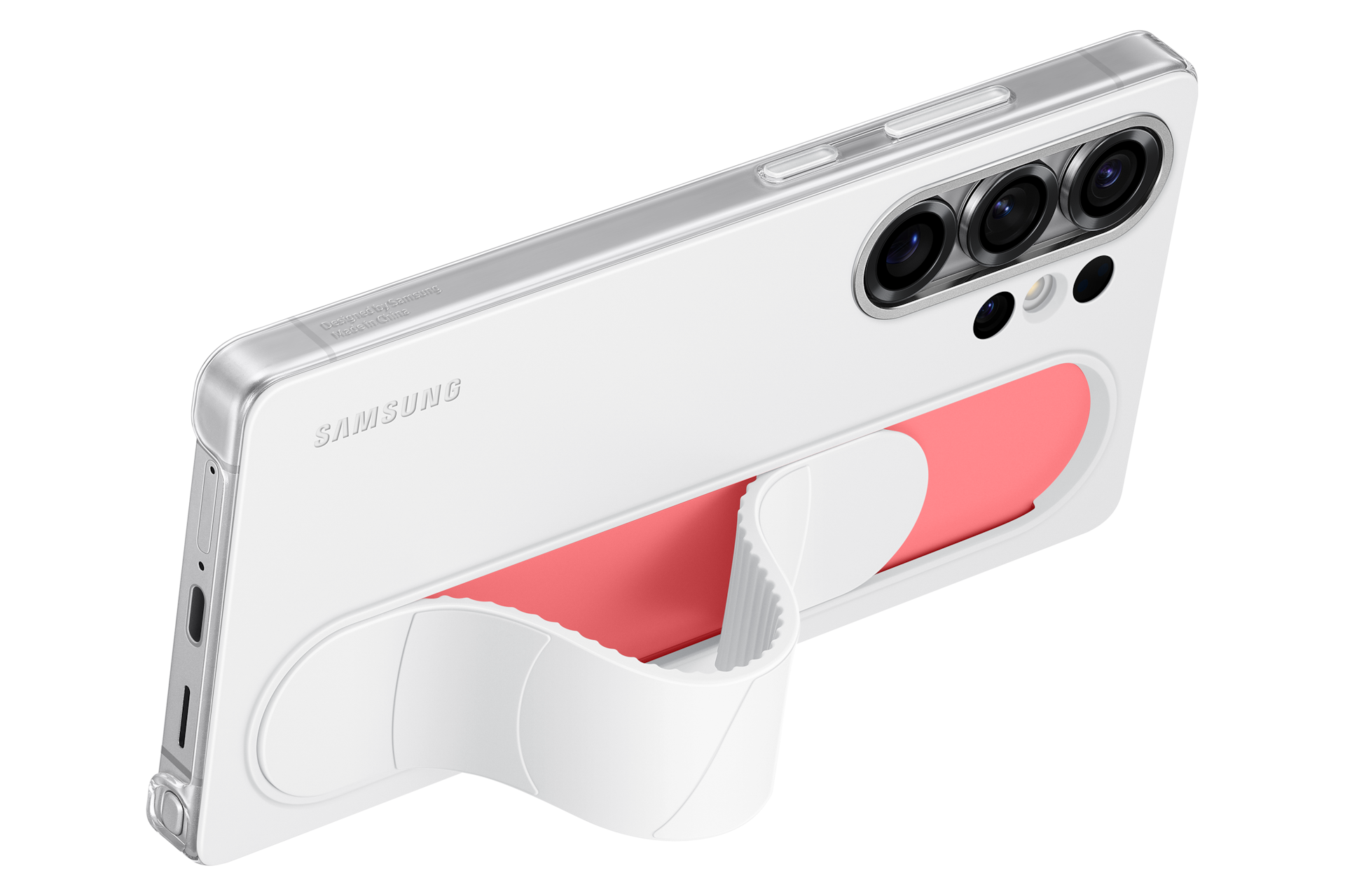 Biały telefon Samsung z opaską na uchwyt i koralowymi akcentami.