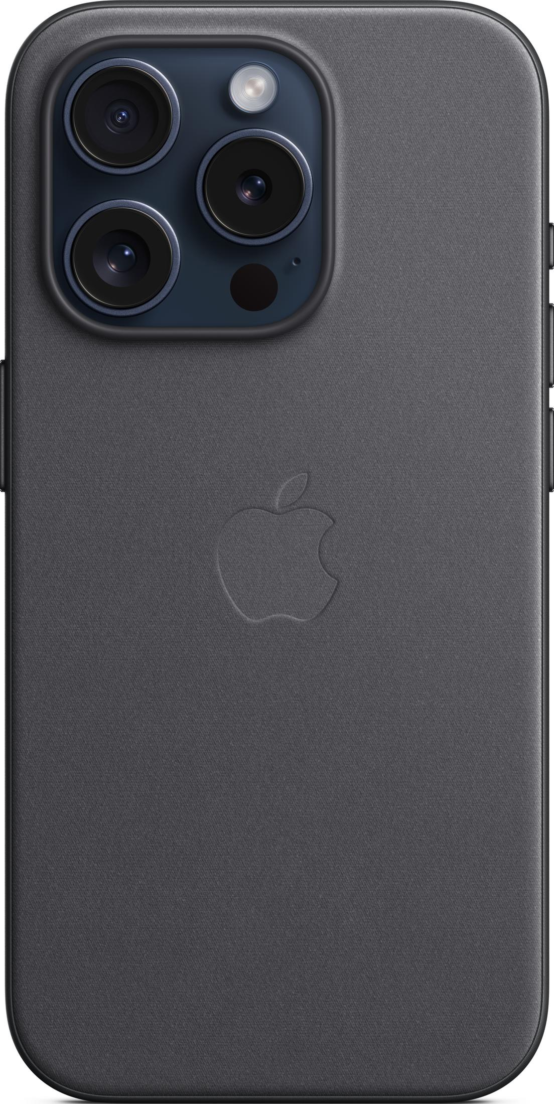 Custodia grigio scuro per iPhone con logo Apple e tripla fotocamera.