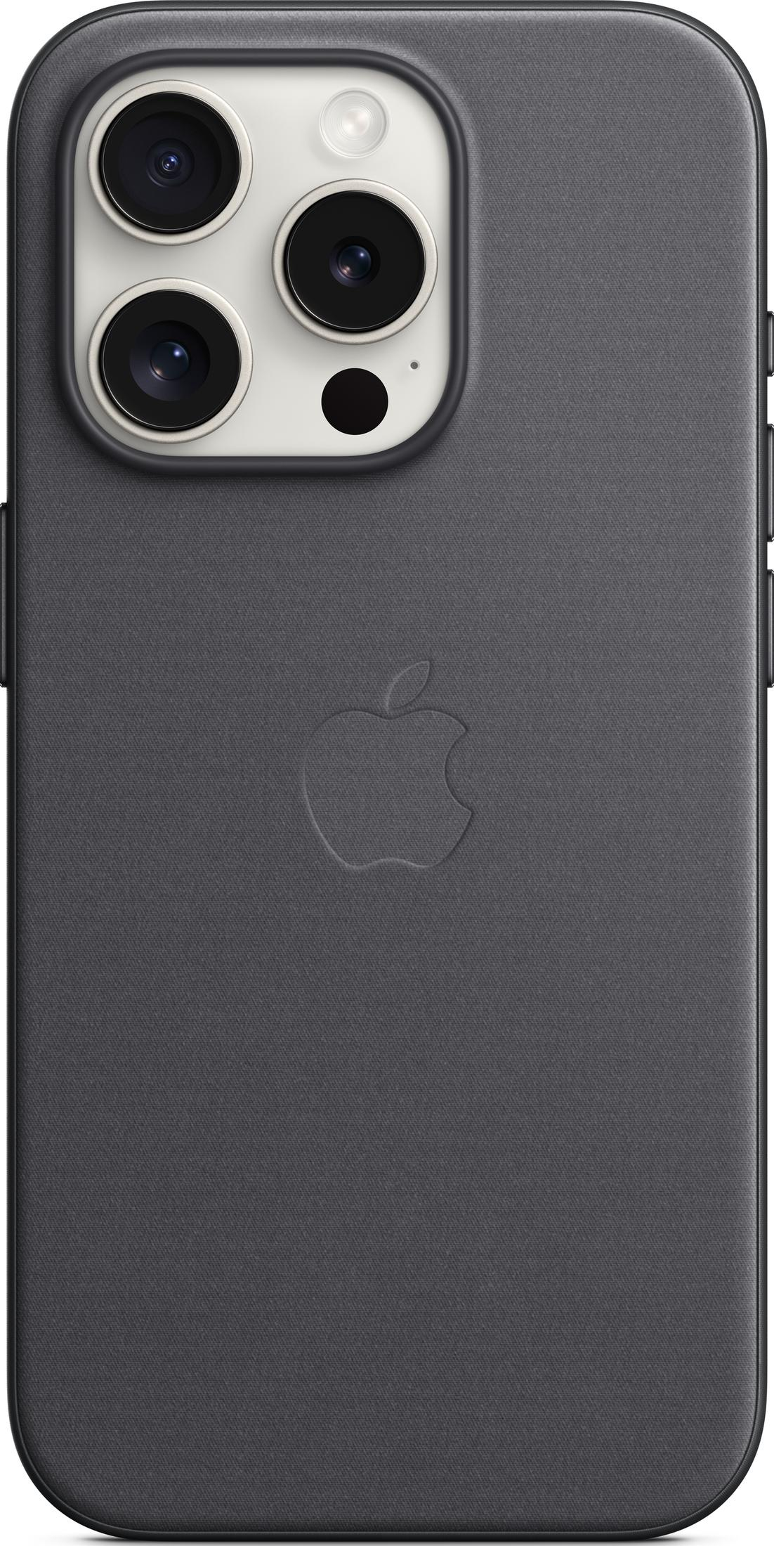 Custodia grigio scuro con logo Apple e lenti della fotocamera.