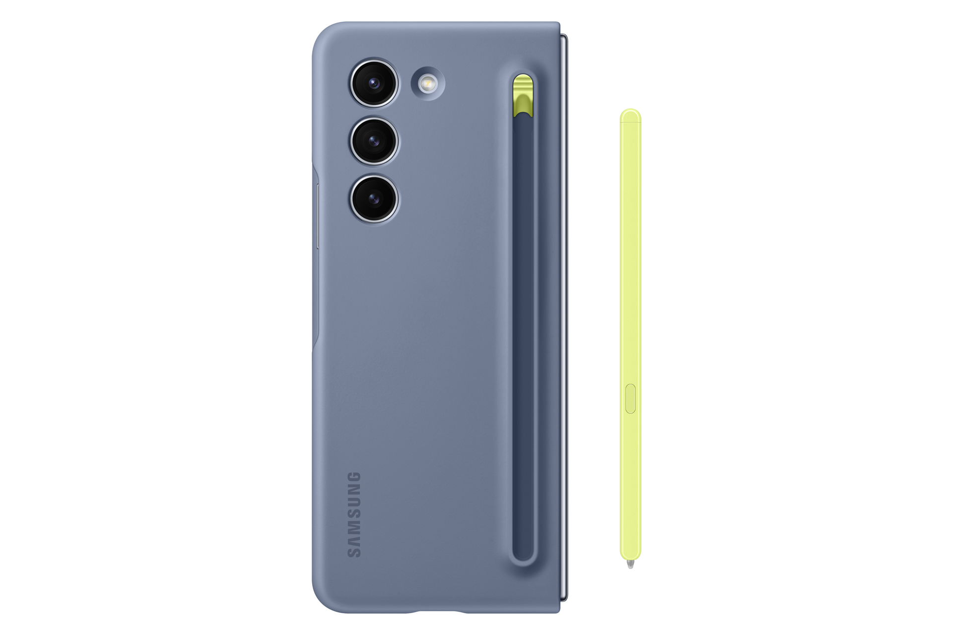 Niebieskie etui na telefon z trzema aparatami obok żółtego rysika.