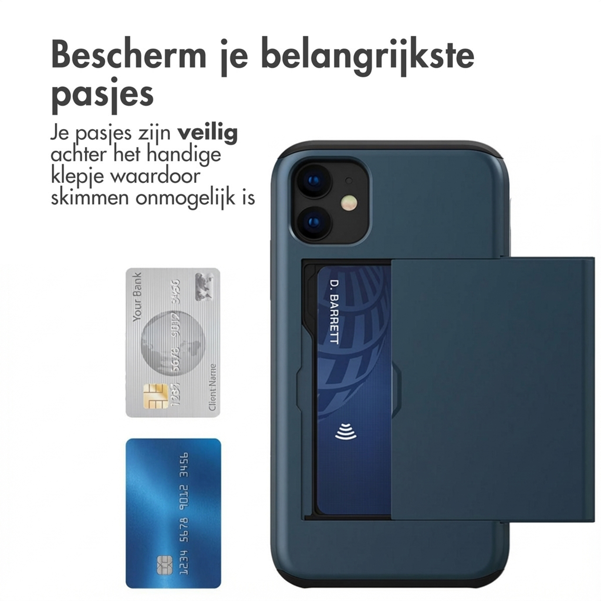 Una custodia per telefono blu scuro con slot per carte e due carte di credito accanto.