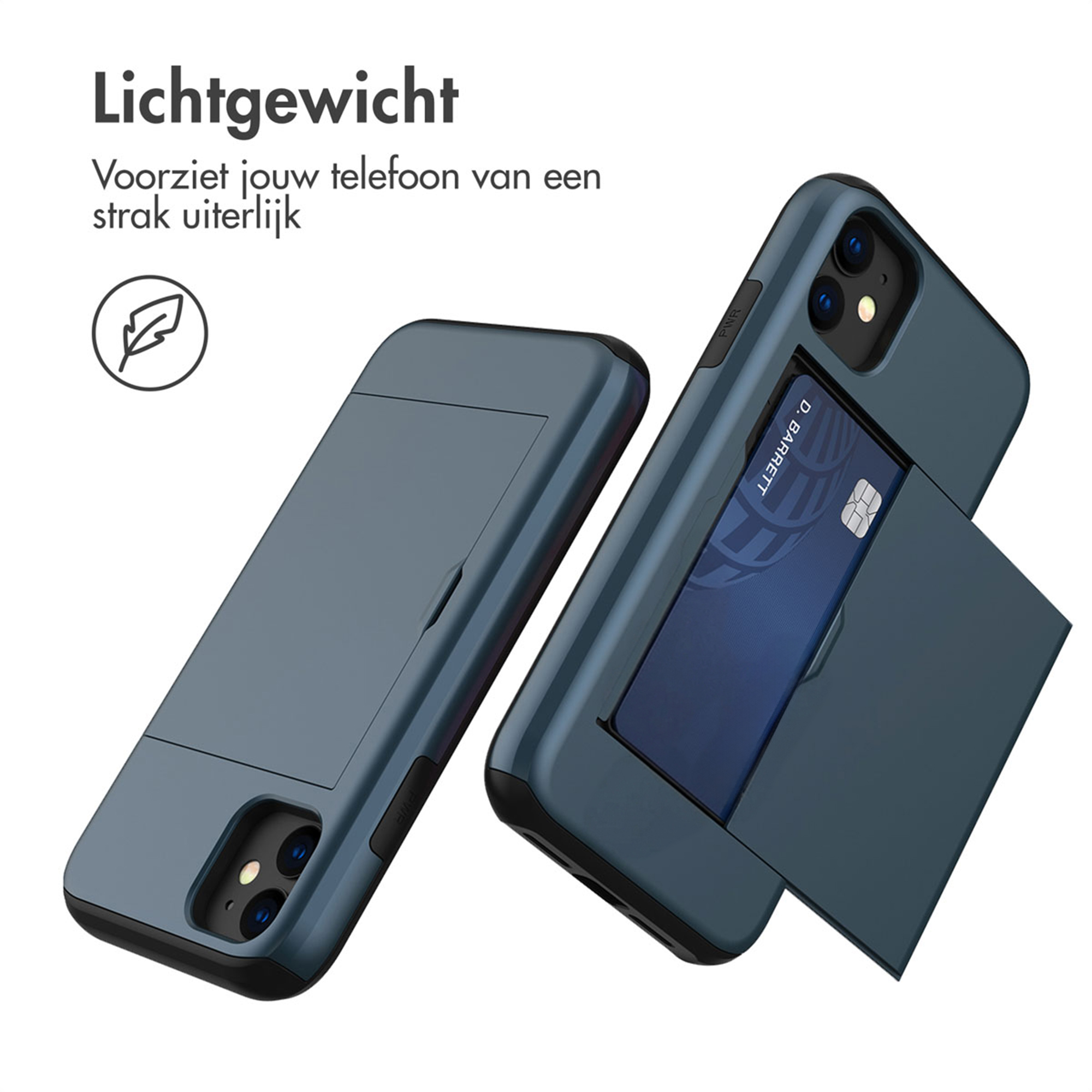 Due custodie per telefono blu scuro con scomparto per carte una accanto all'altra.