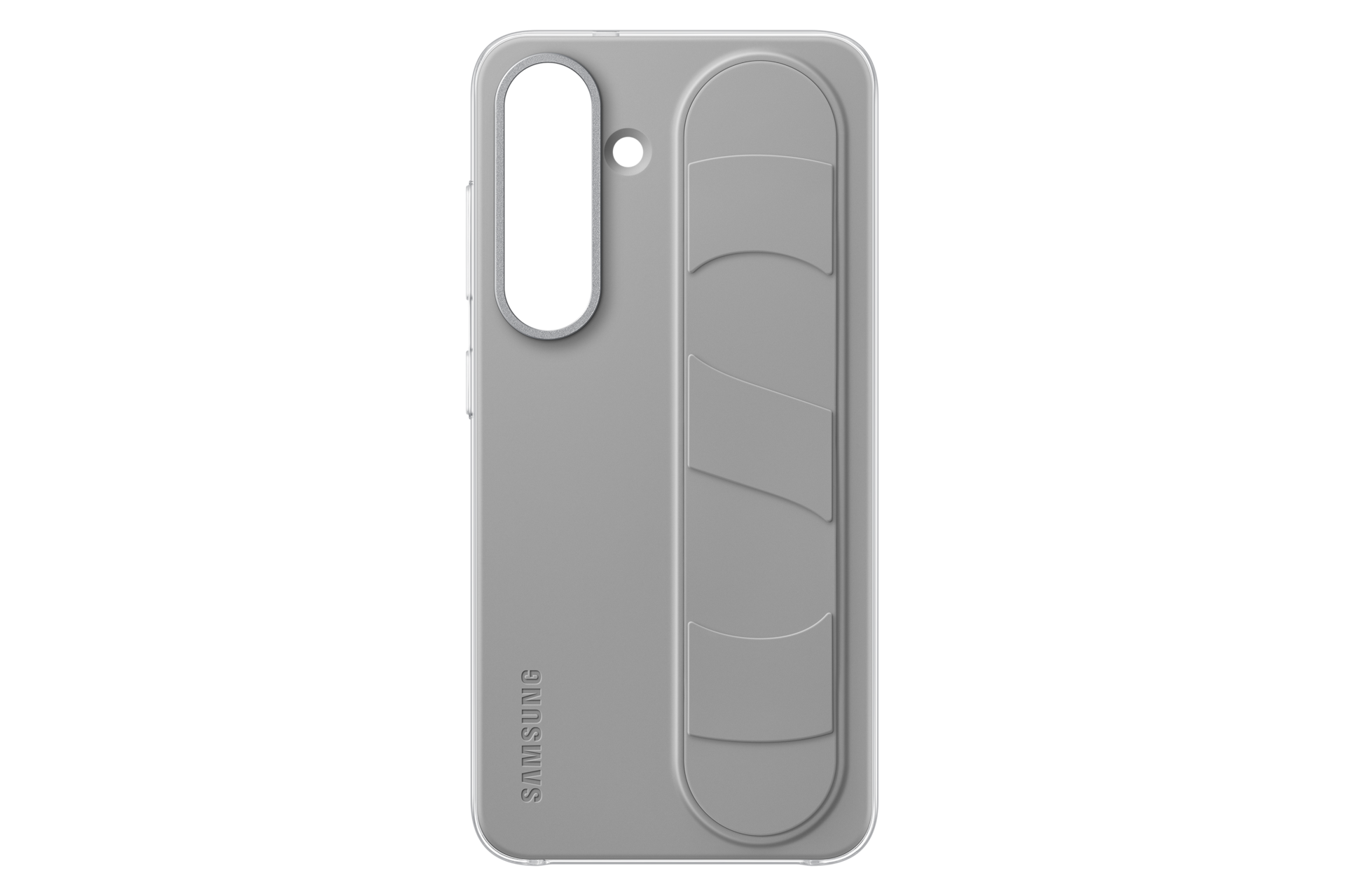 Custodia grigia per telefono con cinturino verticale e logo Samsung.