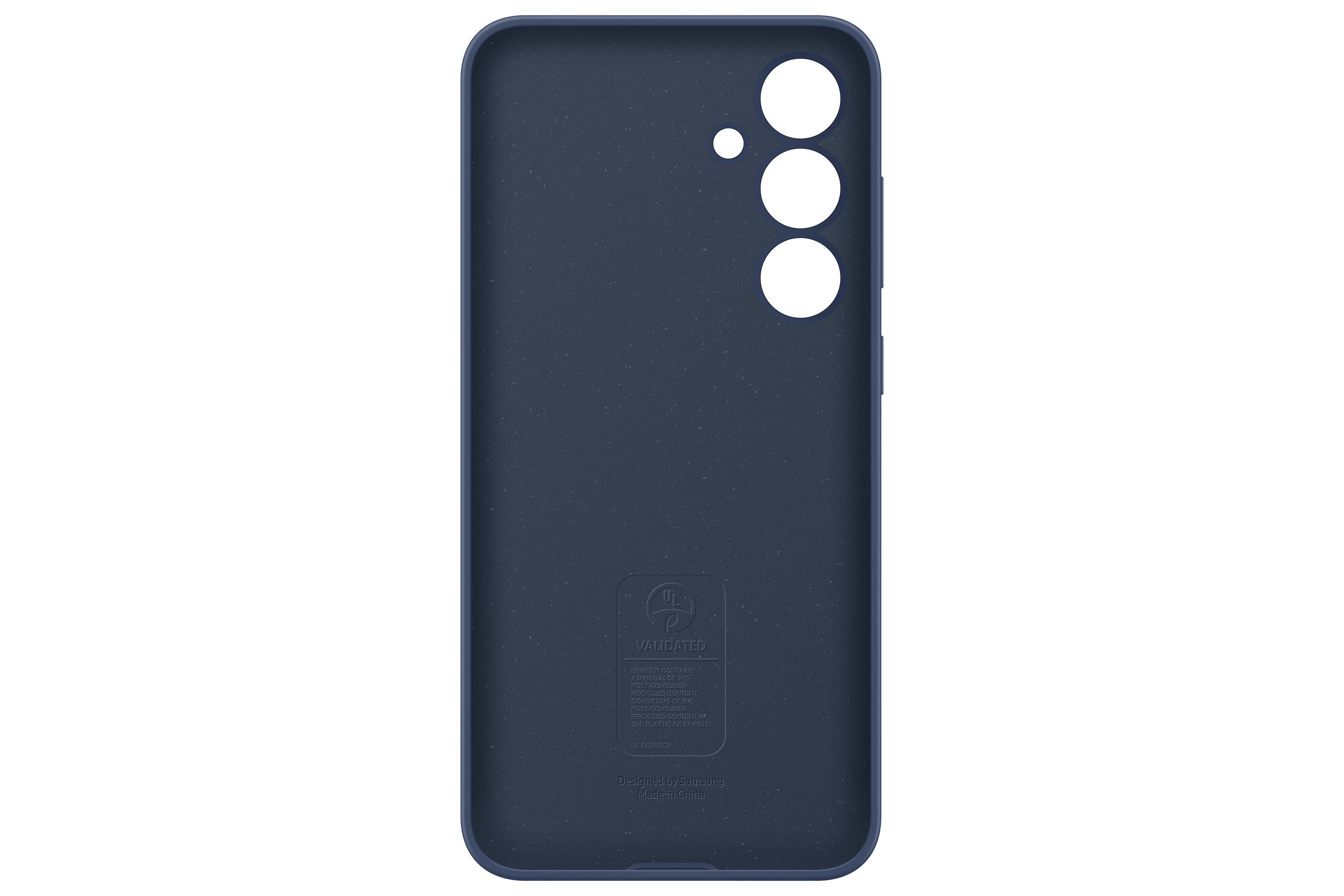 Granatowe etui na telefon z trzema wycięciami na obiektyw i nadrukiem.
