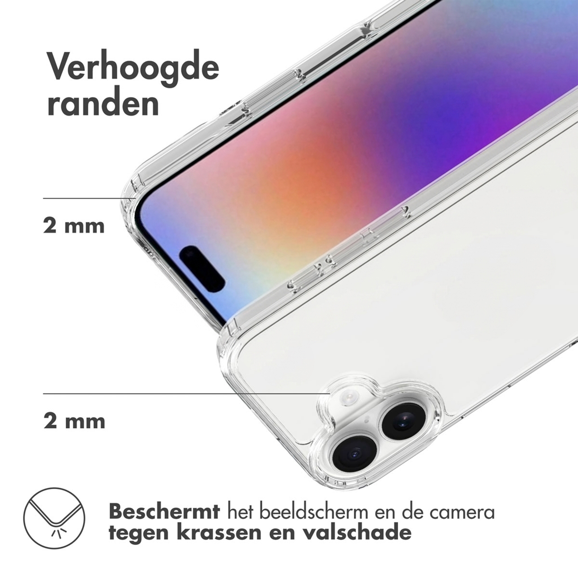 Custodia trasparente con bordi rialzati, protezione 2 mm per schermo e fotocamera.