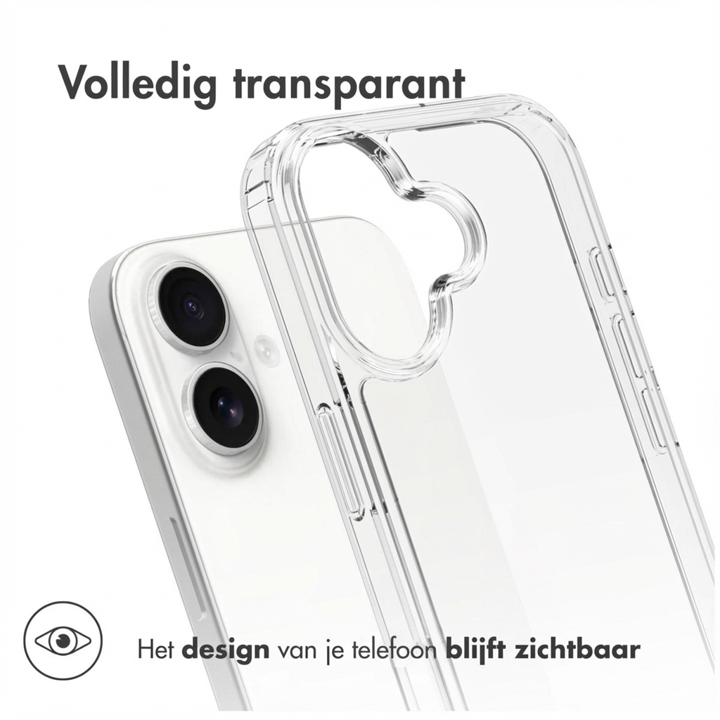 Custodia trasparente per telefono con due obiettivi su uno smartphone bianco.
