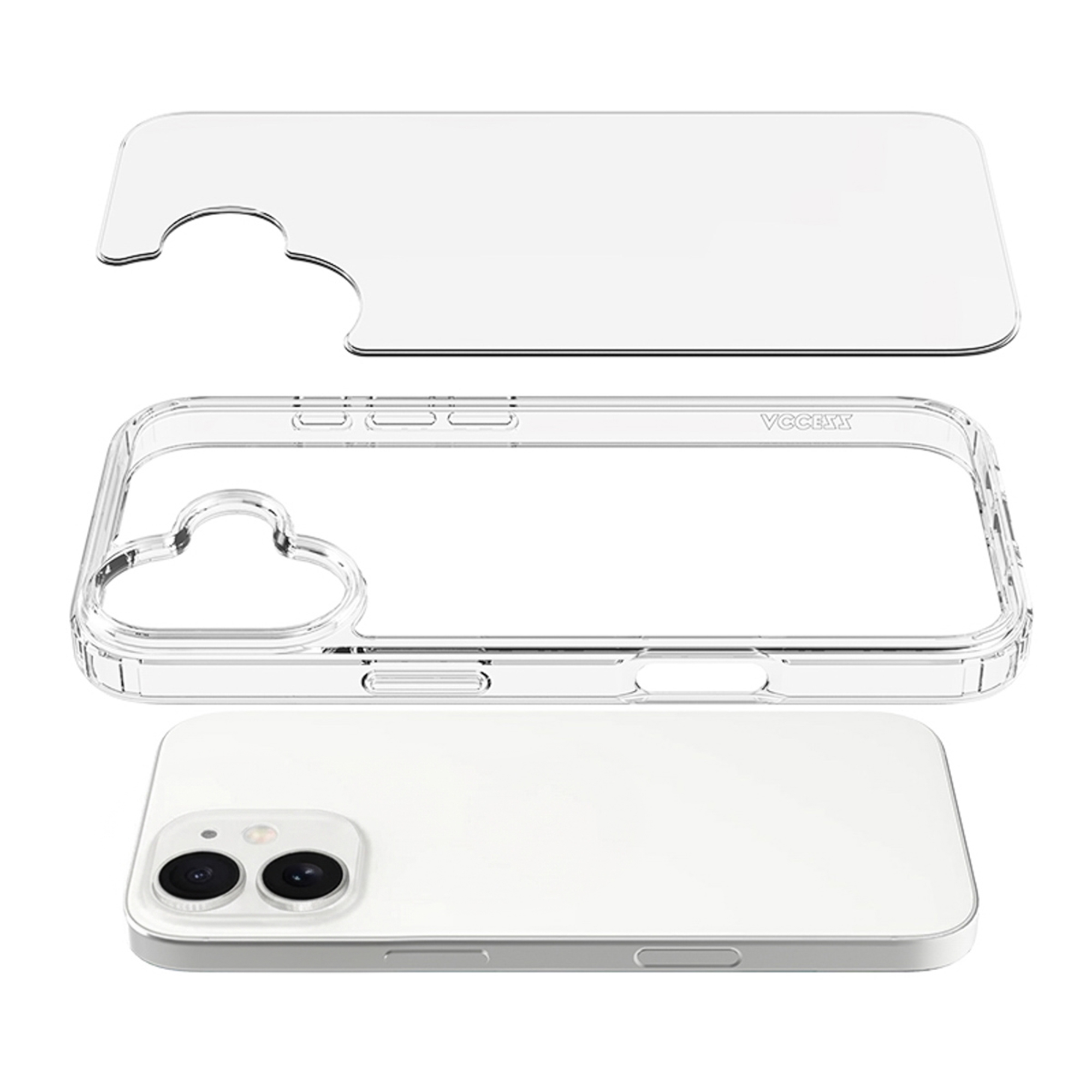 Uno smartphone bianco con due fotocamere, una custodia trasparente e una protezione schermo.