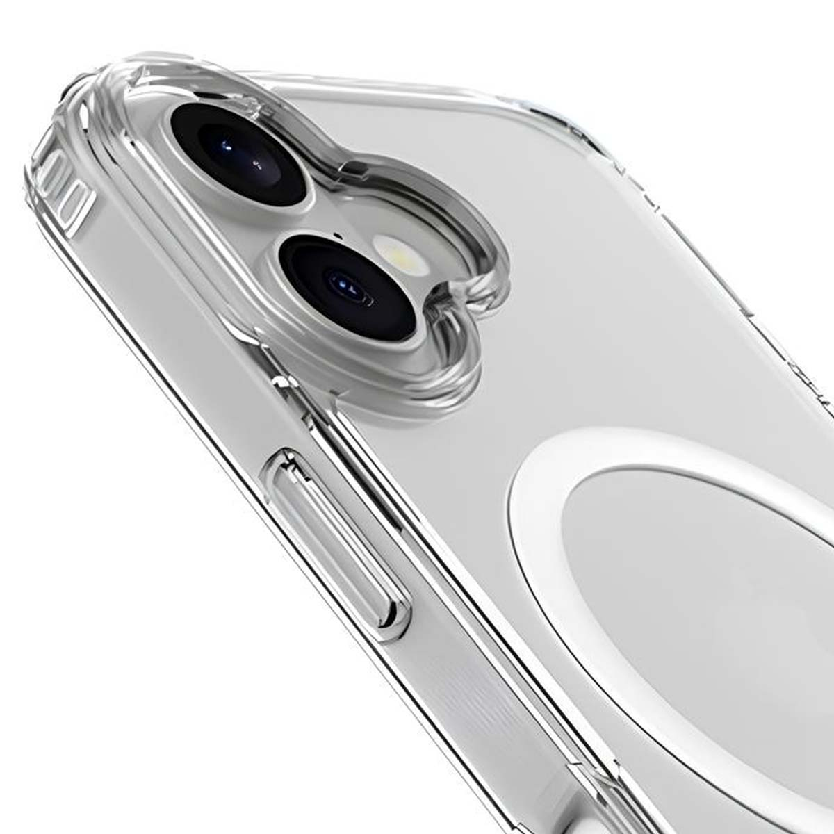Primo piano di una custodia per telefono trasparente che mostra le lenti della fotocamera e un anello magnetico.