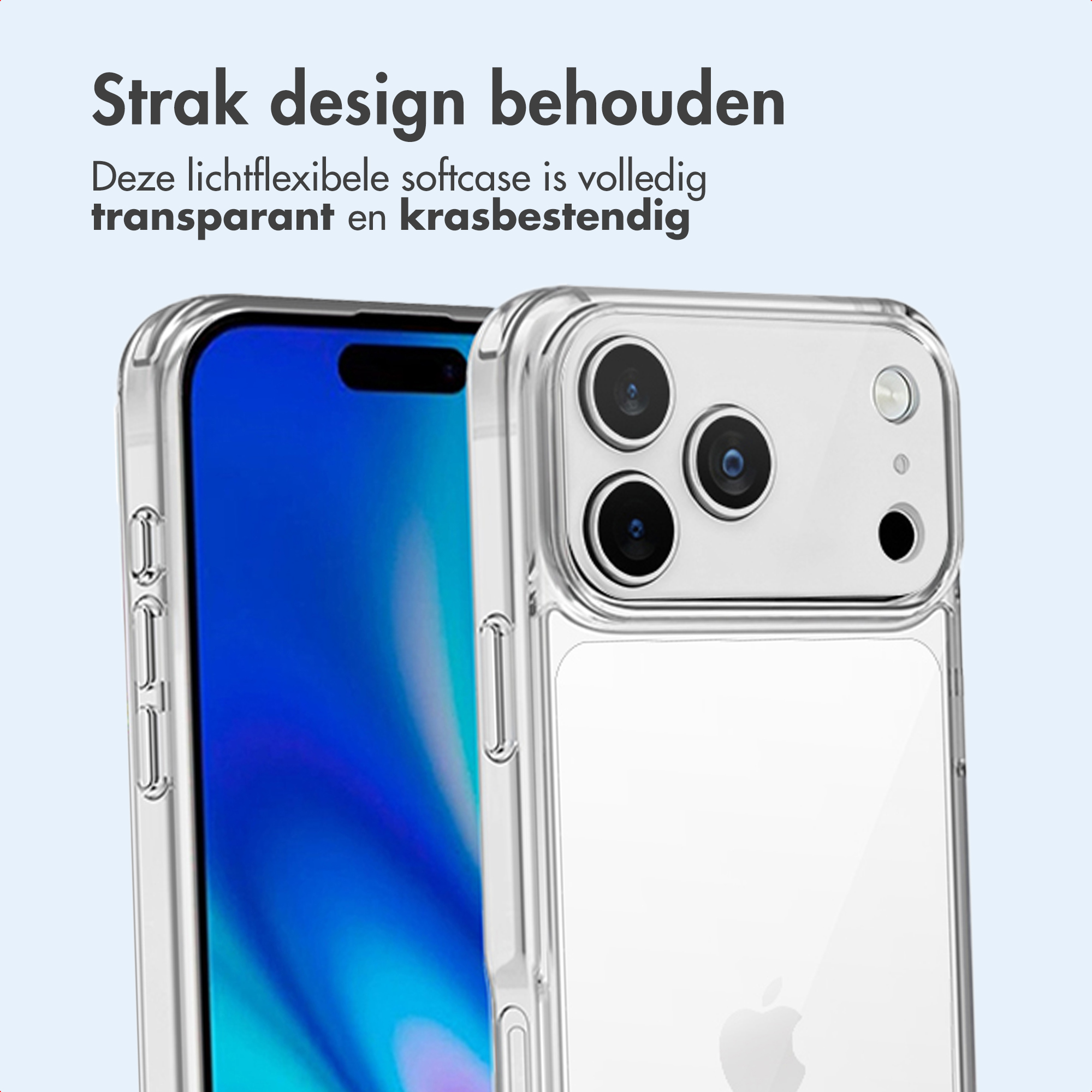 Custodia trasparente per telefono con obiettivi della fotocamera e logo Apple.