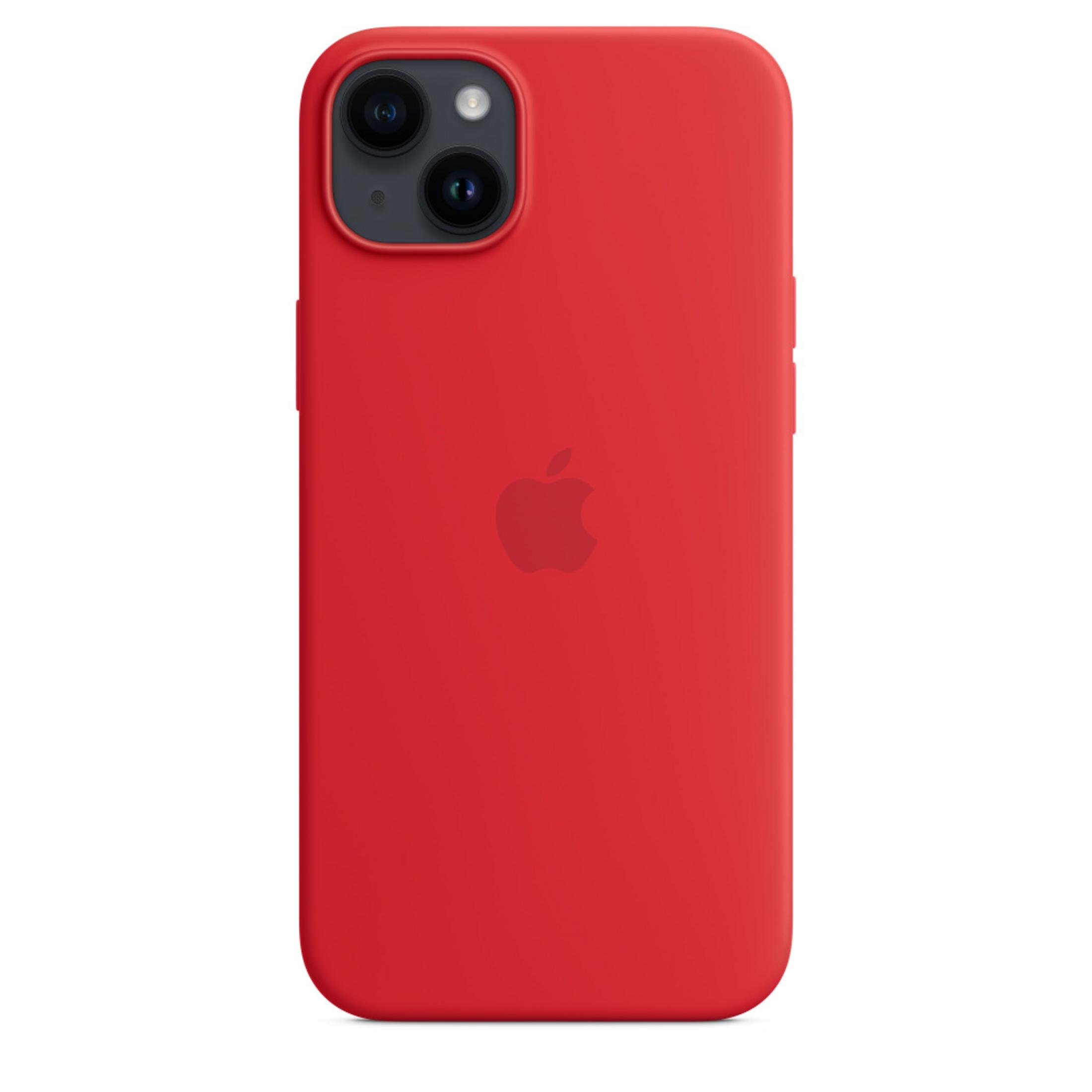 Red iPhone with dual rear cameras and an Apple logo, viewed from the back.