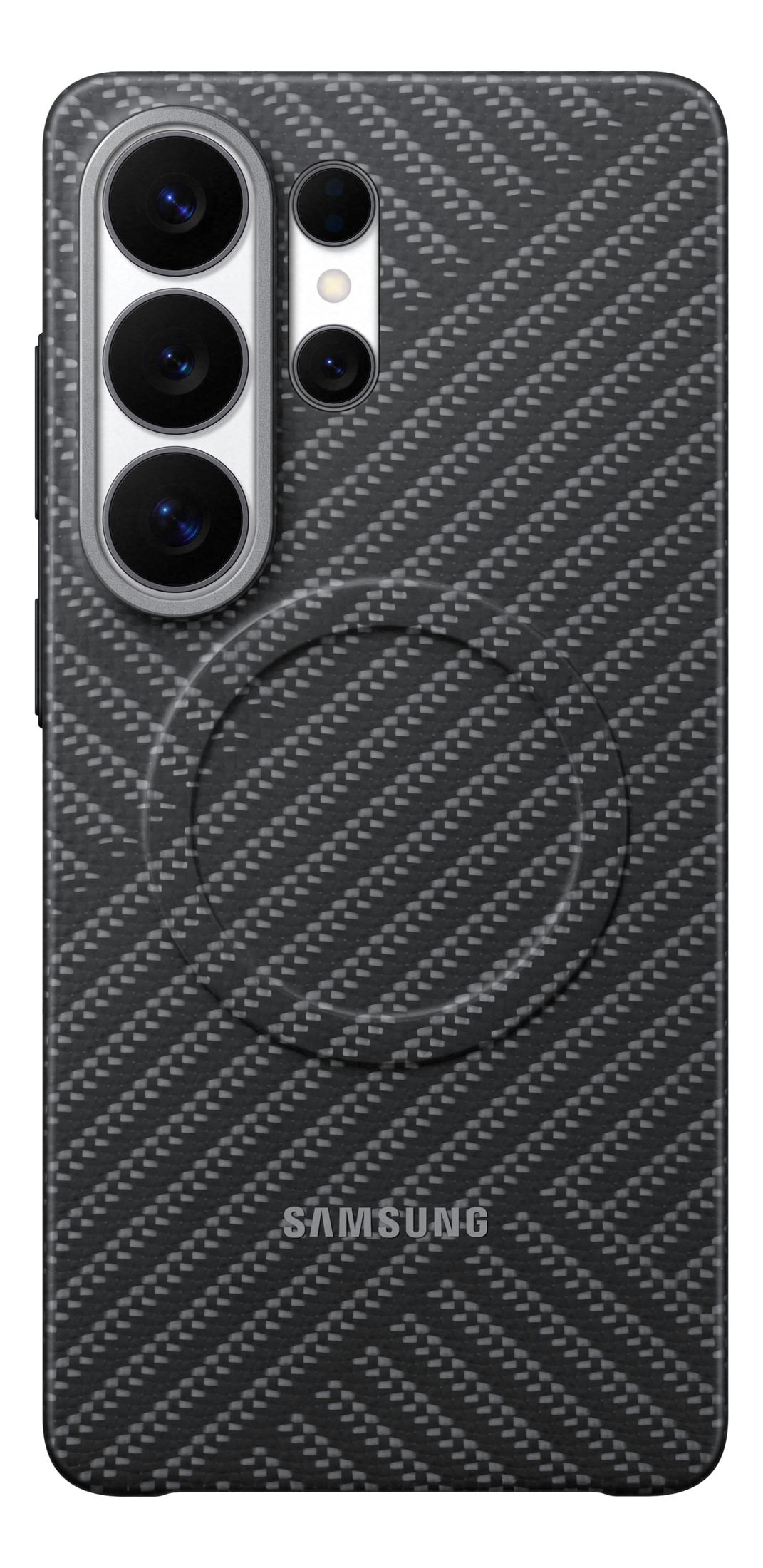 Rückseite eines schwarzen Samsung-Handys mit Carbon-Muster und Kamera.