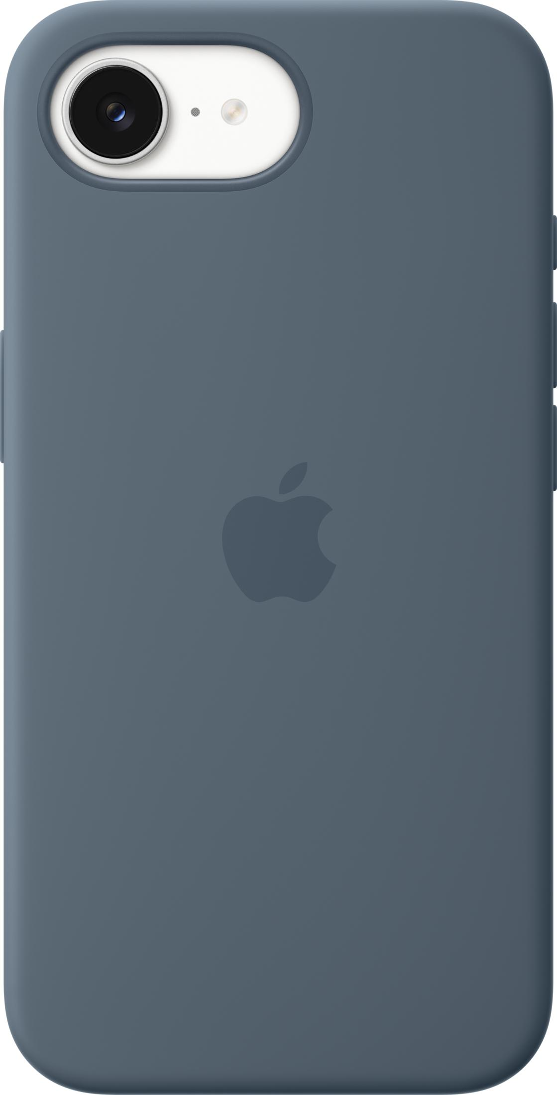 Graue Handyhülle mit Apple-Logo und Kameraausschnitt oben.