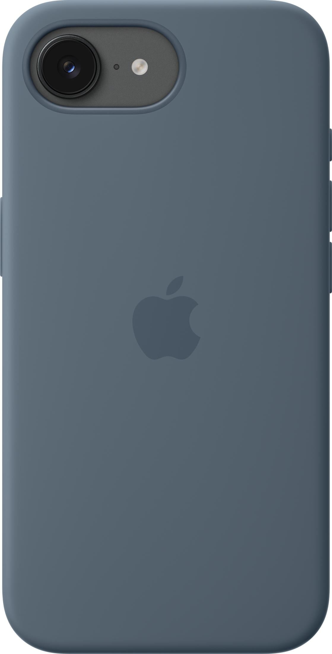 Dunkelgraue Hülle mit Apple-Logo und Kameraausschnitt. Detailansicht.