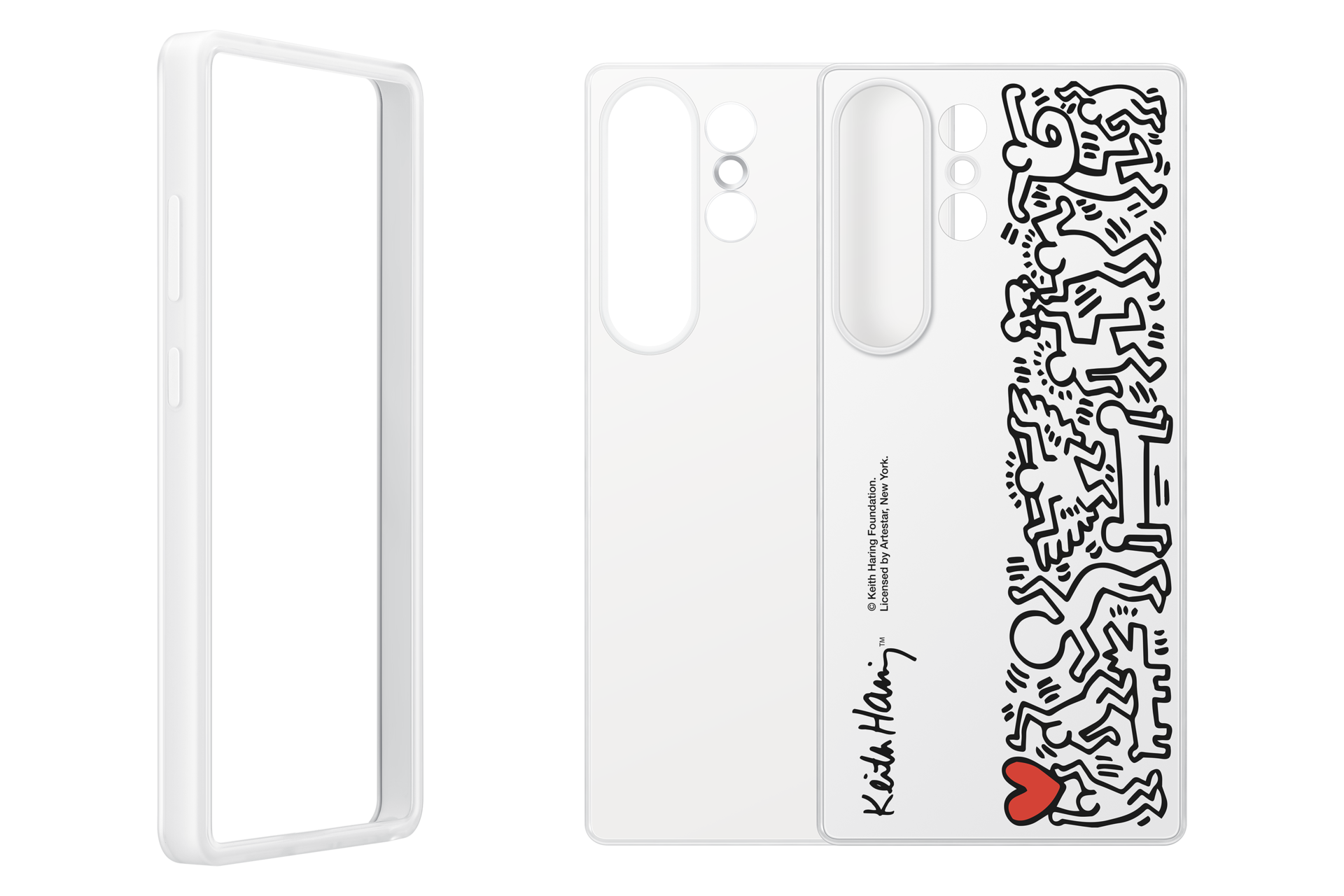 Una funda de teléfono blanca con arte de Keith Haring y un corazón rojo.