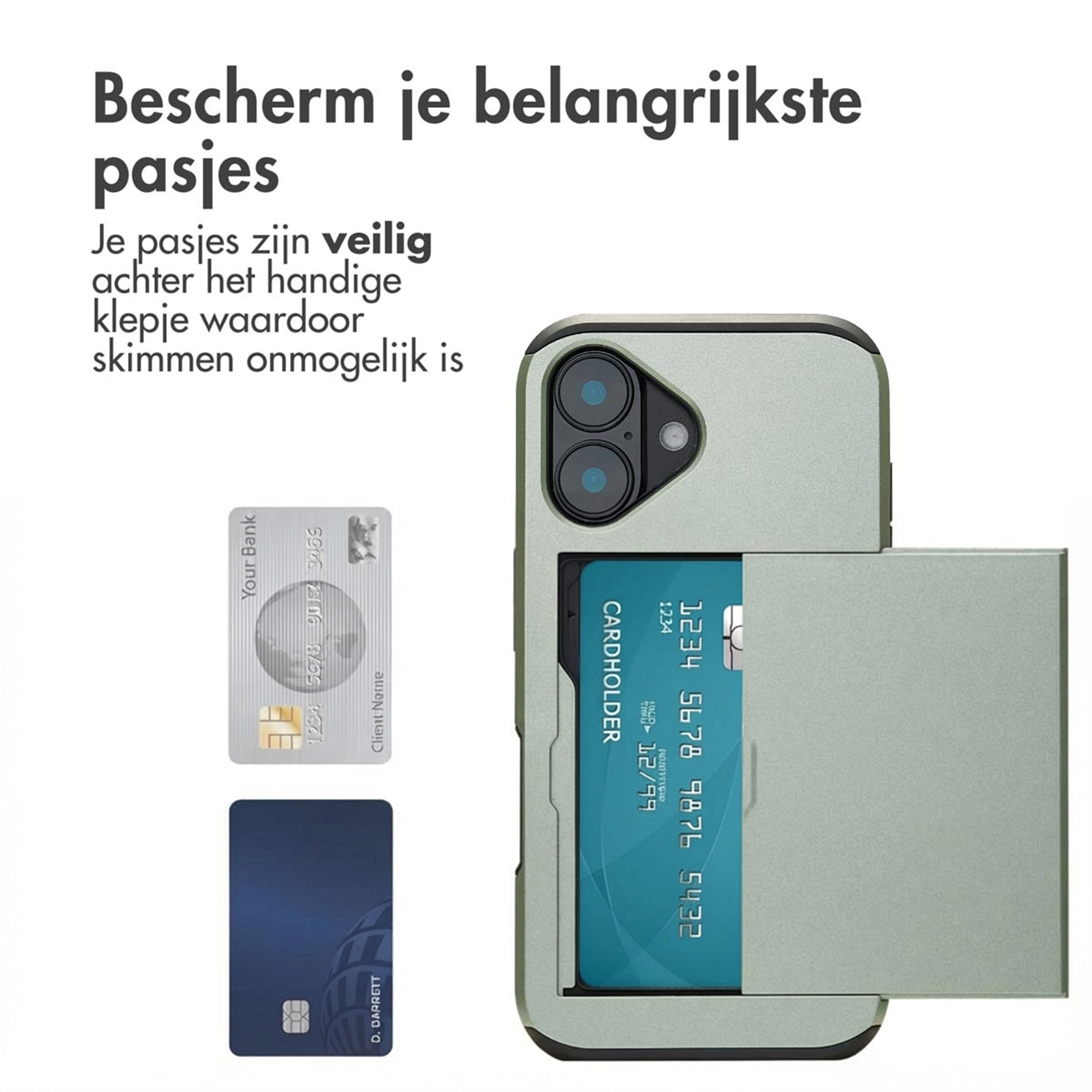 Una custodia per telefono verde con porta carte, mostra due carte.