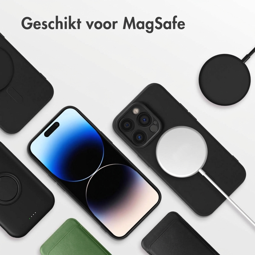 Diverse custodie nere per iPhone e una verde circondano uno smartphone con caricatore MagSafe.