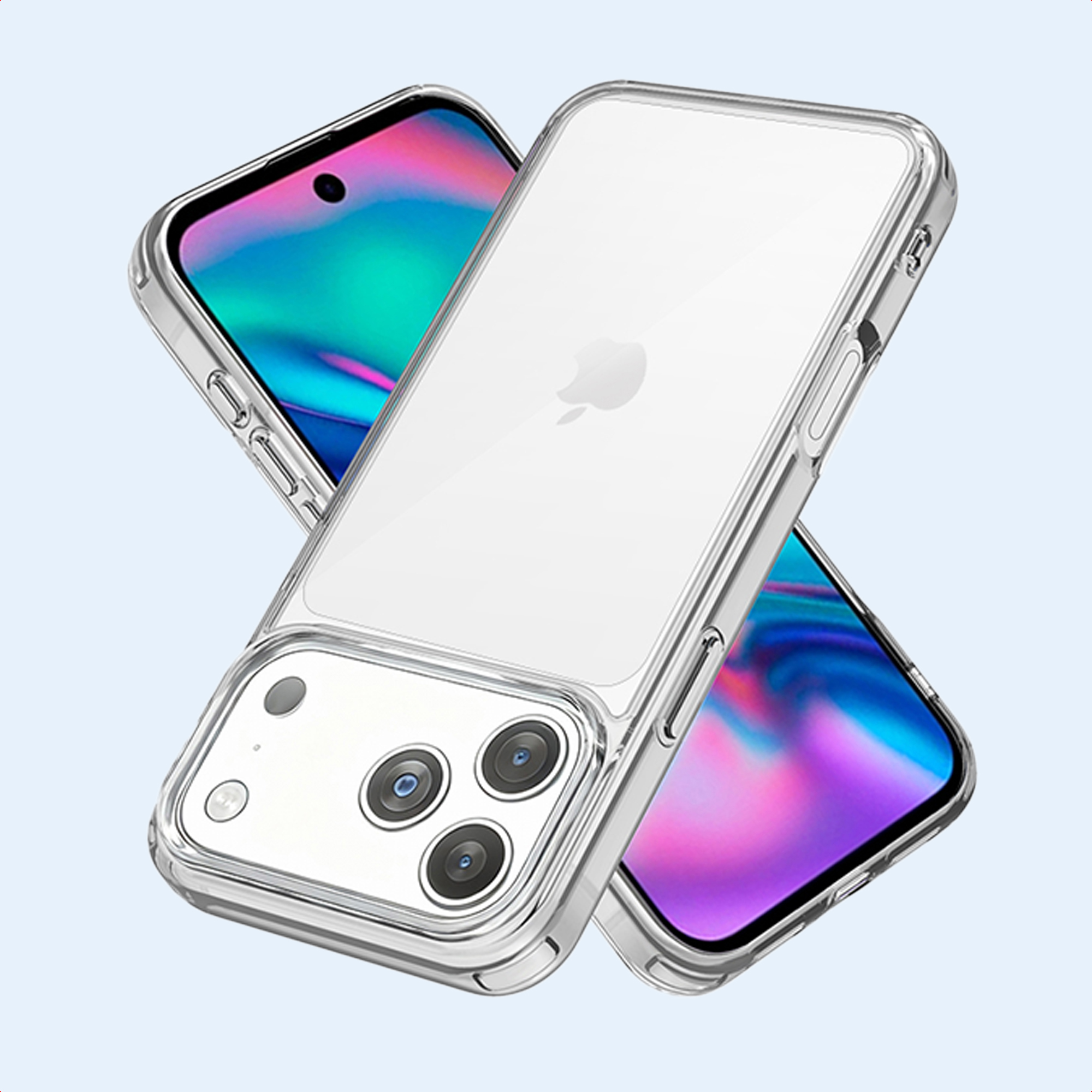 Due custodie trasparenti per telefono con iPhone. Schermi blu e rosa.