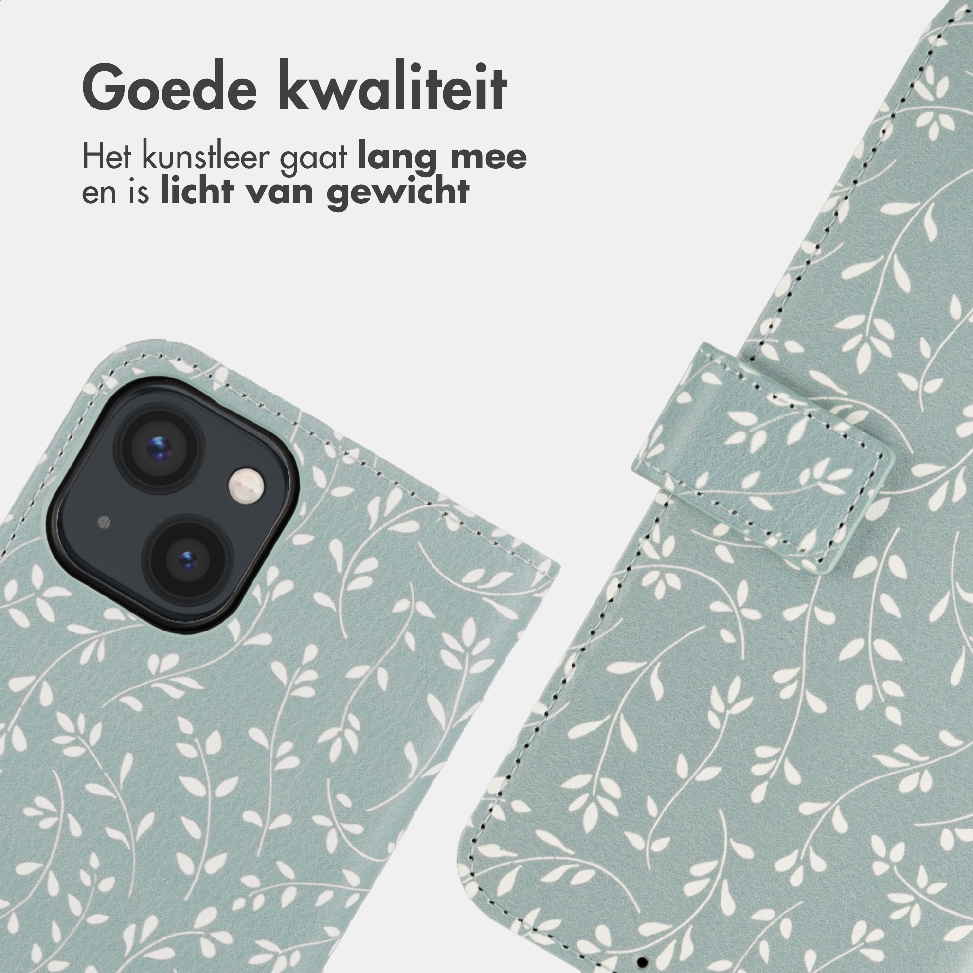 Ein Handyhülle mit Blattmuster in Blaugrün. Zeigt eine Kamera und Text.