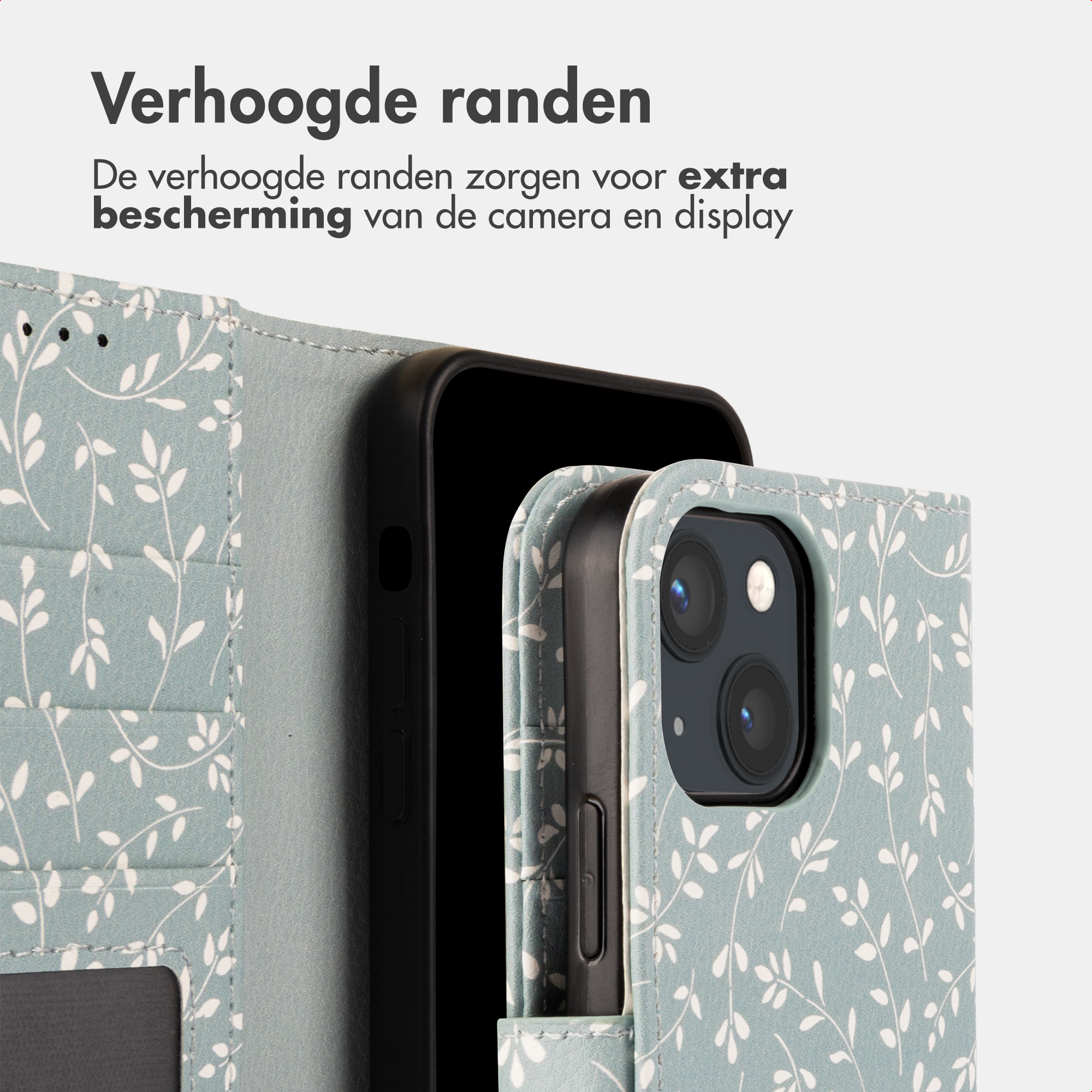 Ein blaugrünes Handycover mit weißem Blattmuster. Enthält eine Handy-Kamera.