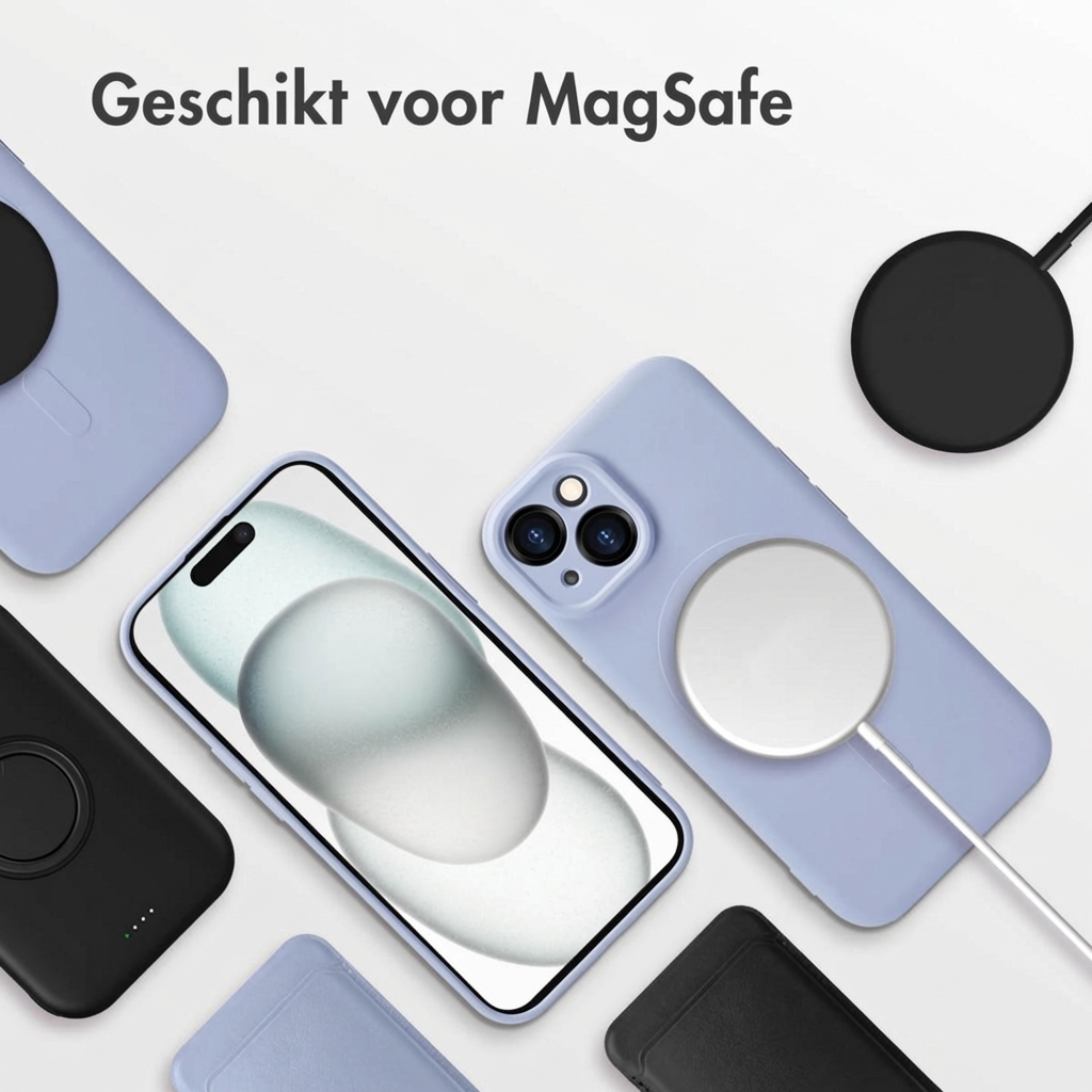 Diverse custodie viola e nere per telefono con caricatore MagSafe su sfondo bianco.