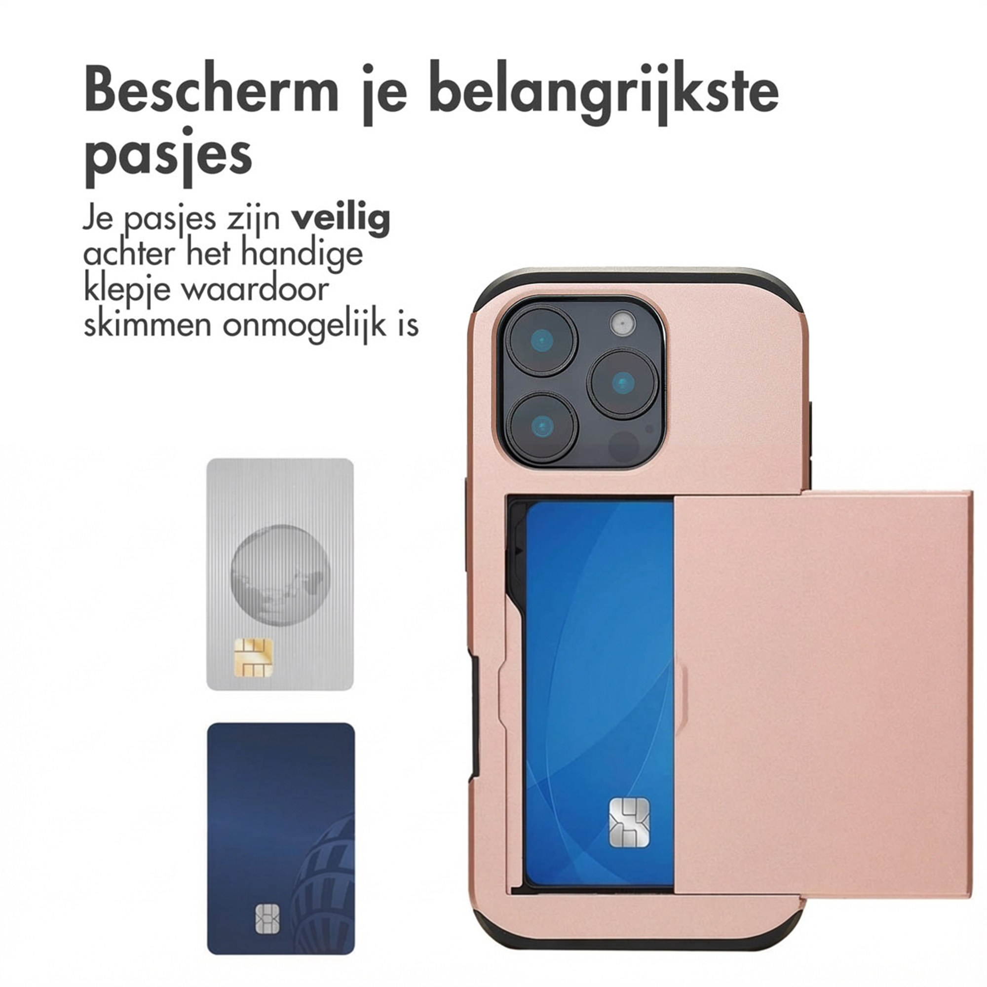Una custodia per telefono color oro rosa con porta carte mostra una carta blu.