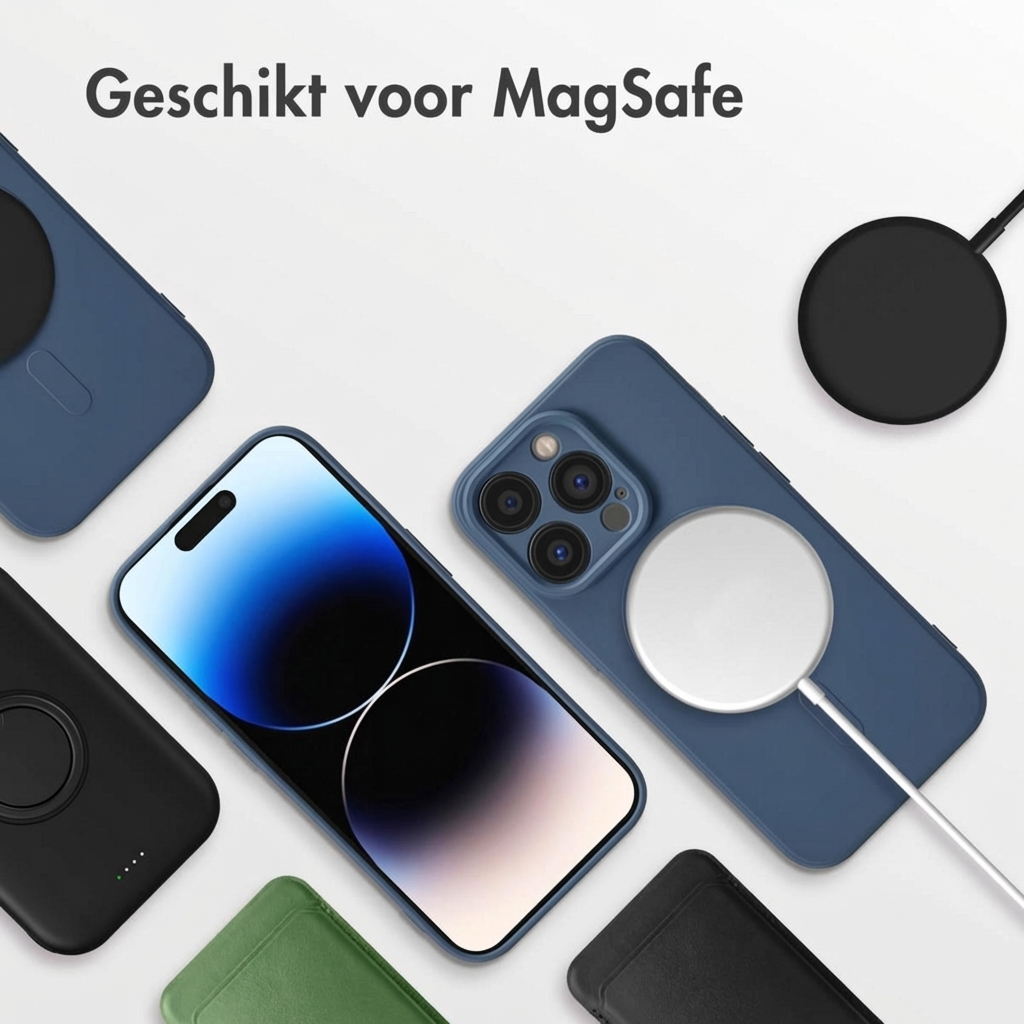 Diverse custodie blu per iPhone e caricabatterie MagSafe su sfondo chiaro.
