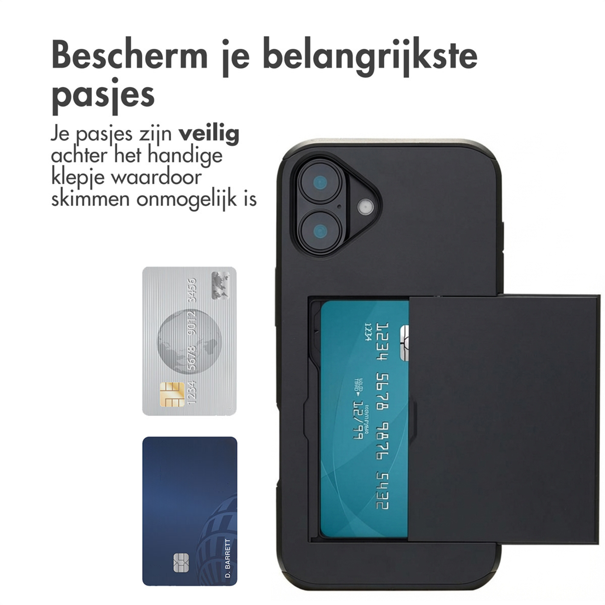 Un telefono nero con slot per carte mostra due carte di credito.