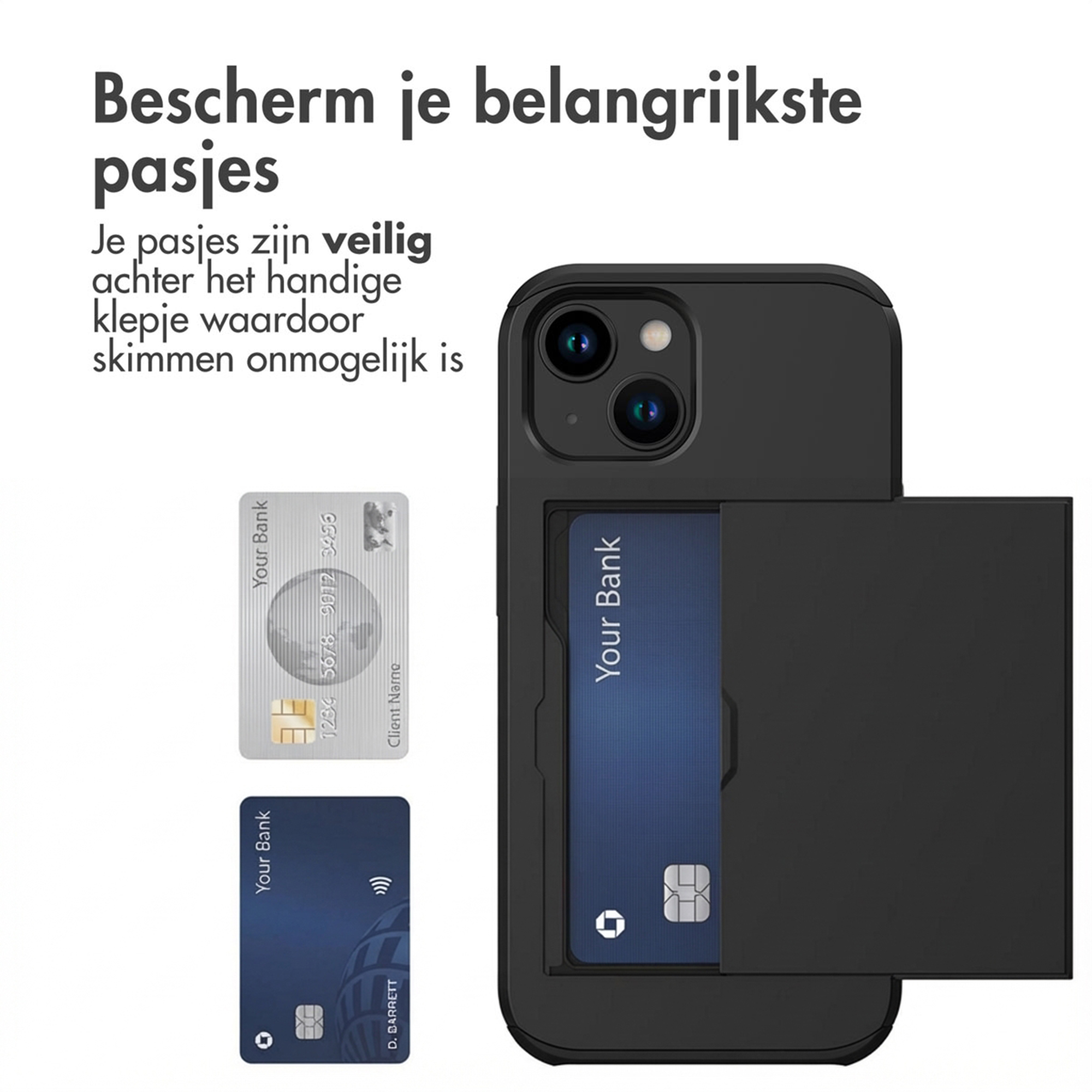 Black phone case with card slot, two cards beside it.