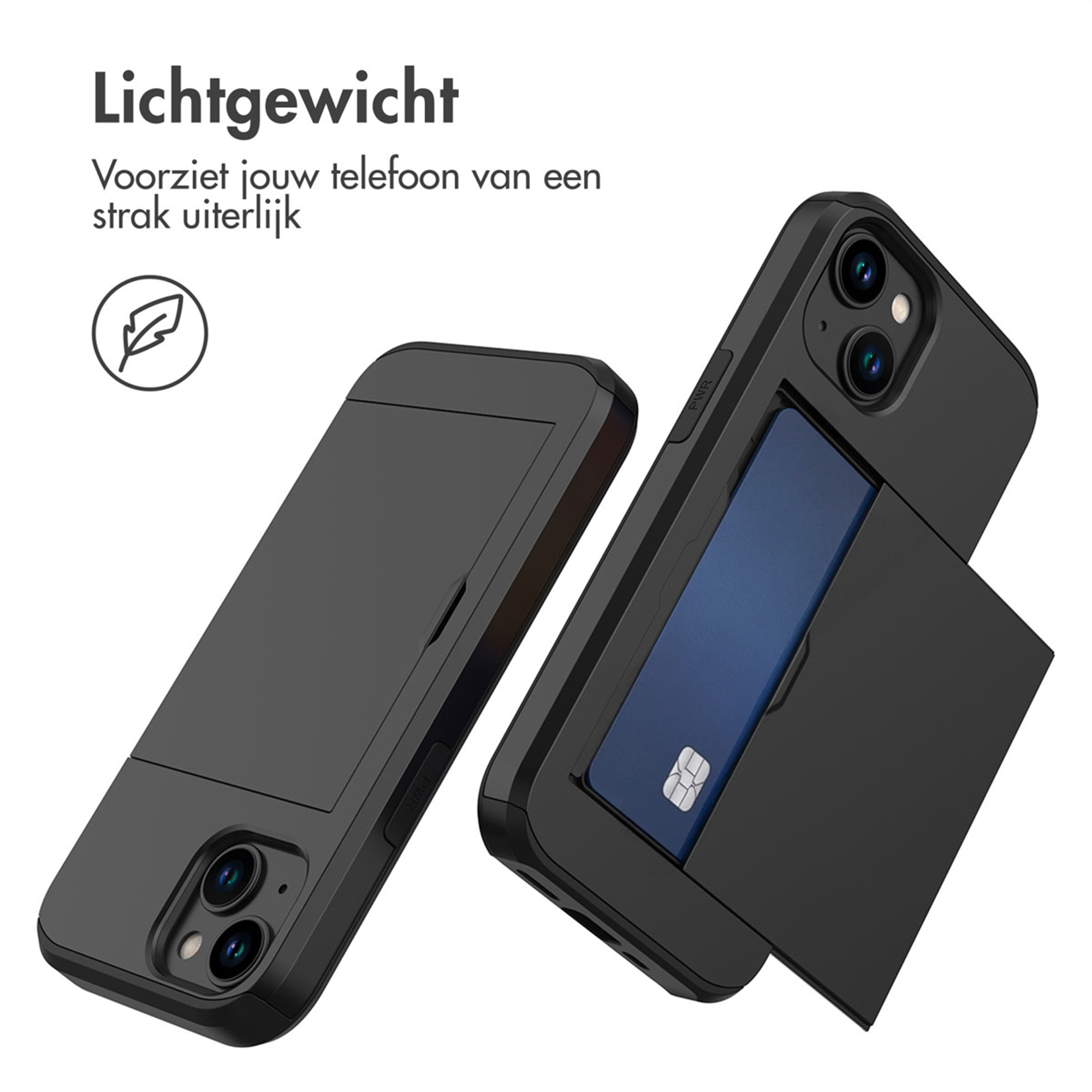 Black phone case with a card slot and a blue card inside.