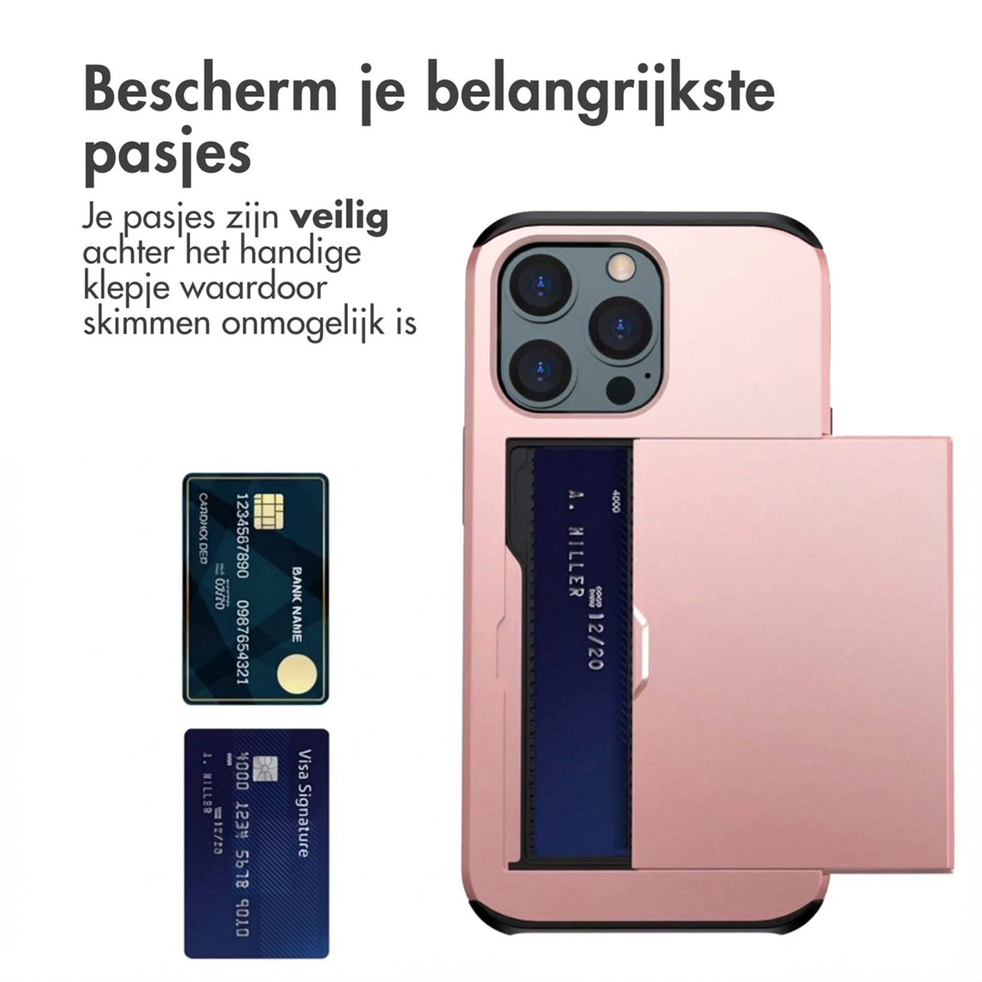 Una custodia per telefono rosa con slot per carte e due carte di credito.
