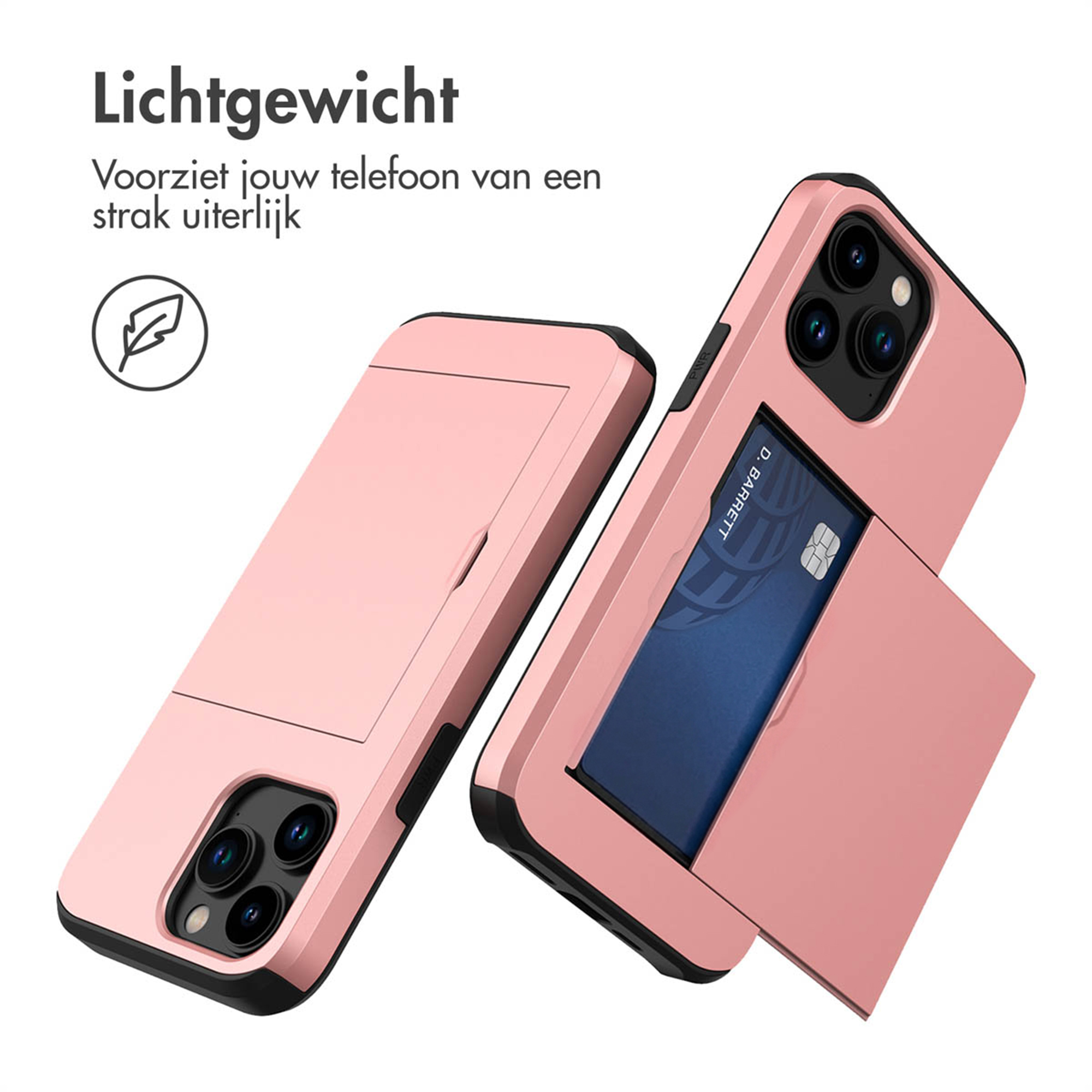 Due custodie rosa per telefono con slot per carte e ritagli per fotocamera.