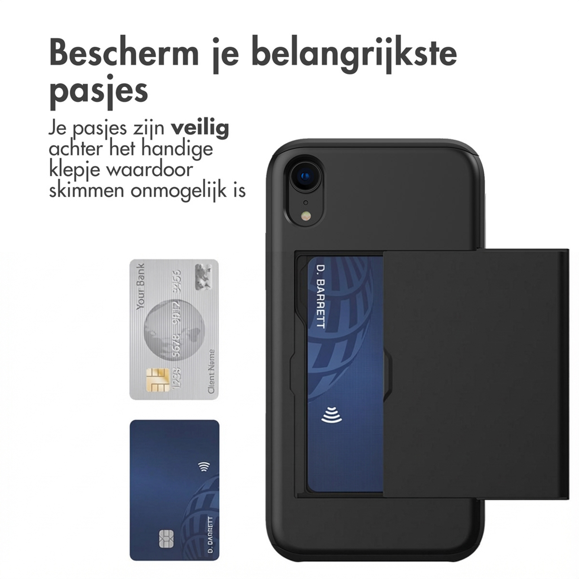 Custodia nera per telefono con slot per carte, mostra due carte di credito.