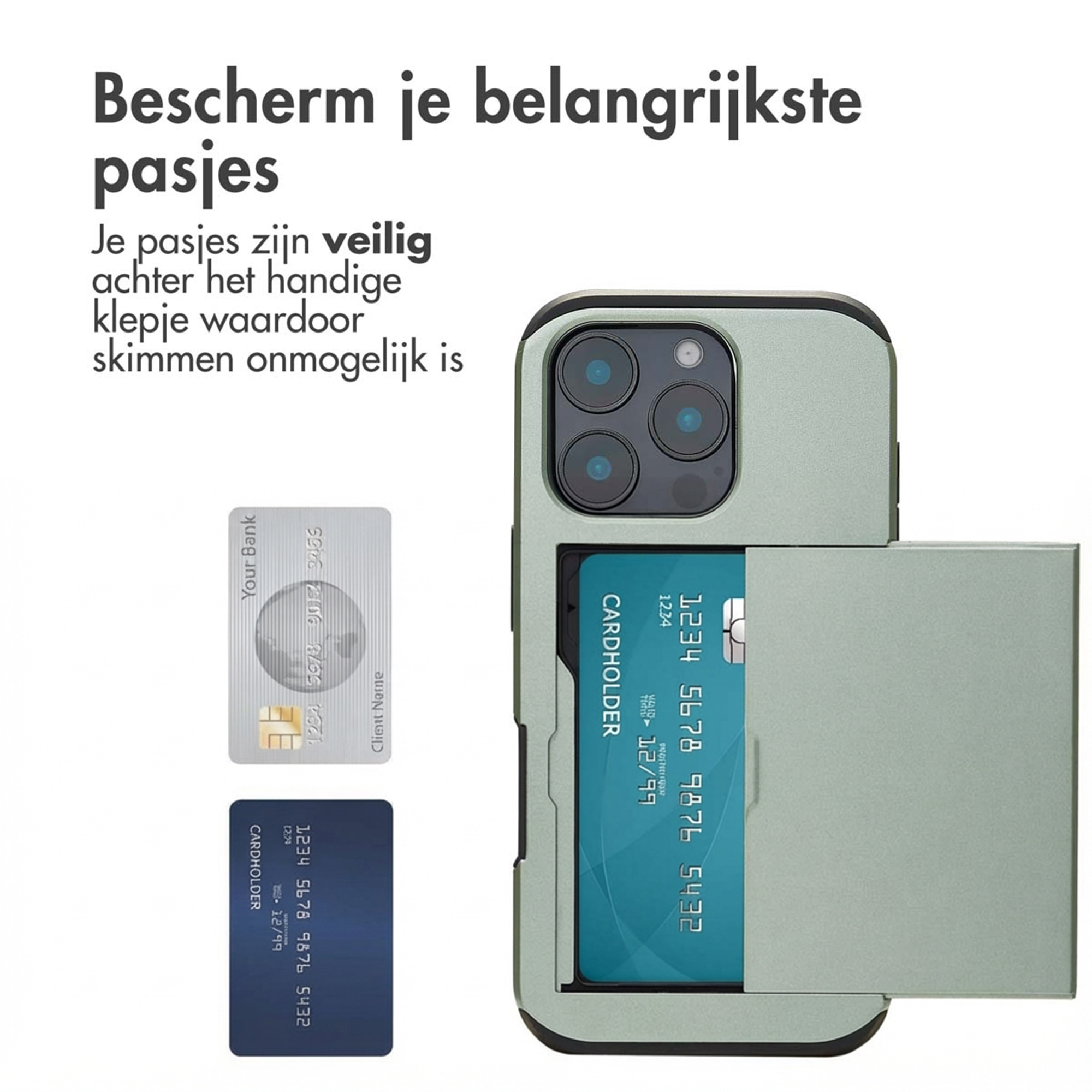 Una custodia per telefono verde chiaro con slot per carte, che mostra carte di credito.