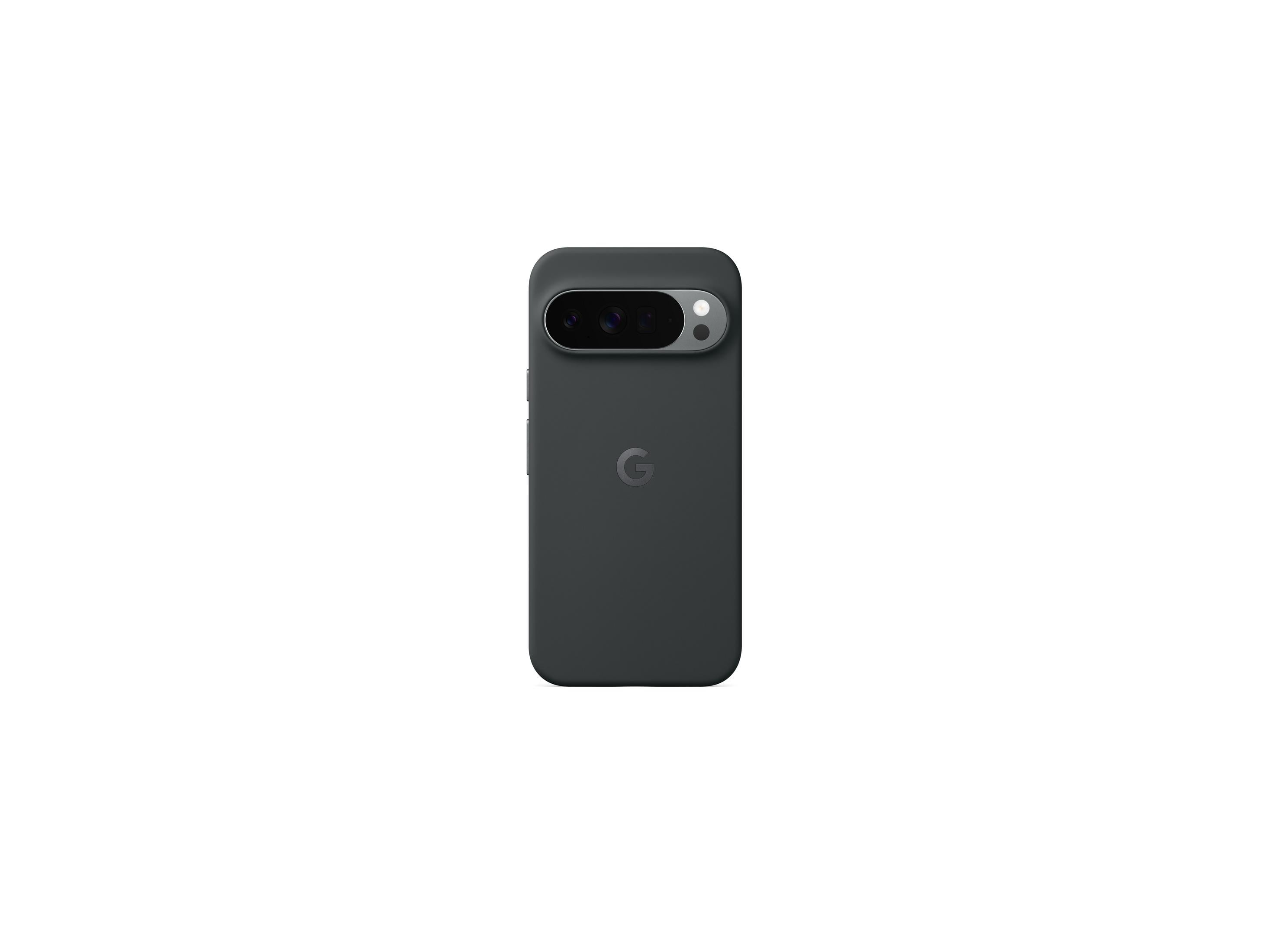 Una funda gris oscura para teléfono con barra de cámara y logo de Google sobre fondo blanco.