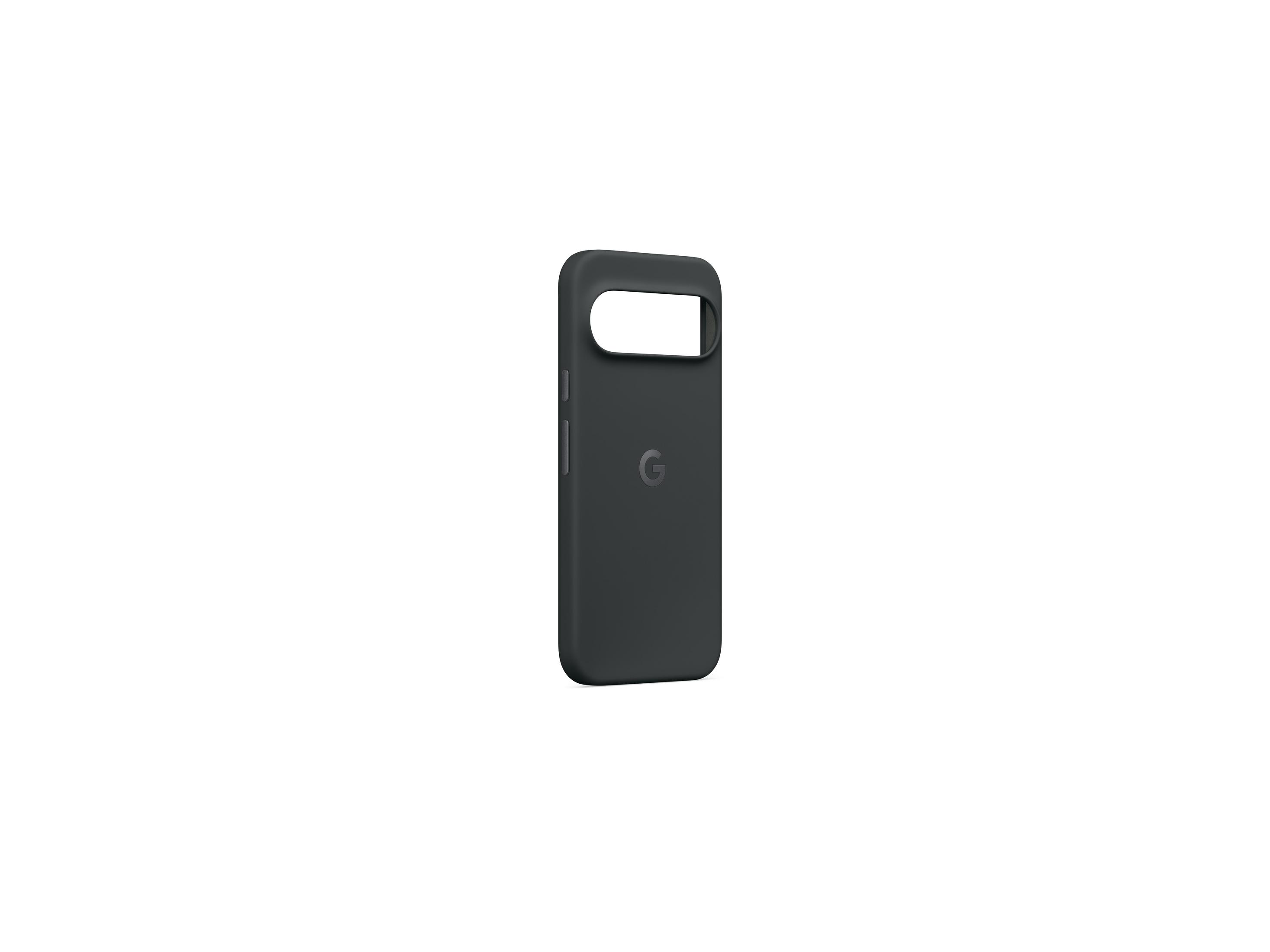 Una funda de teléfono oscura con el logo de Google en el centro.