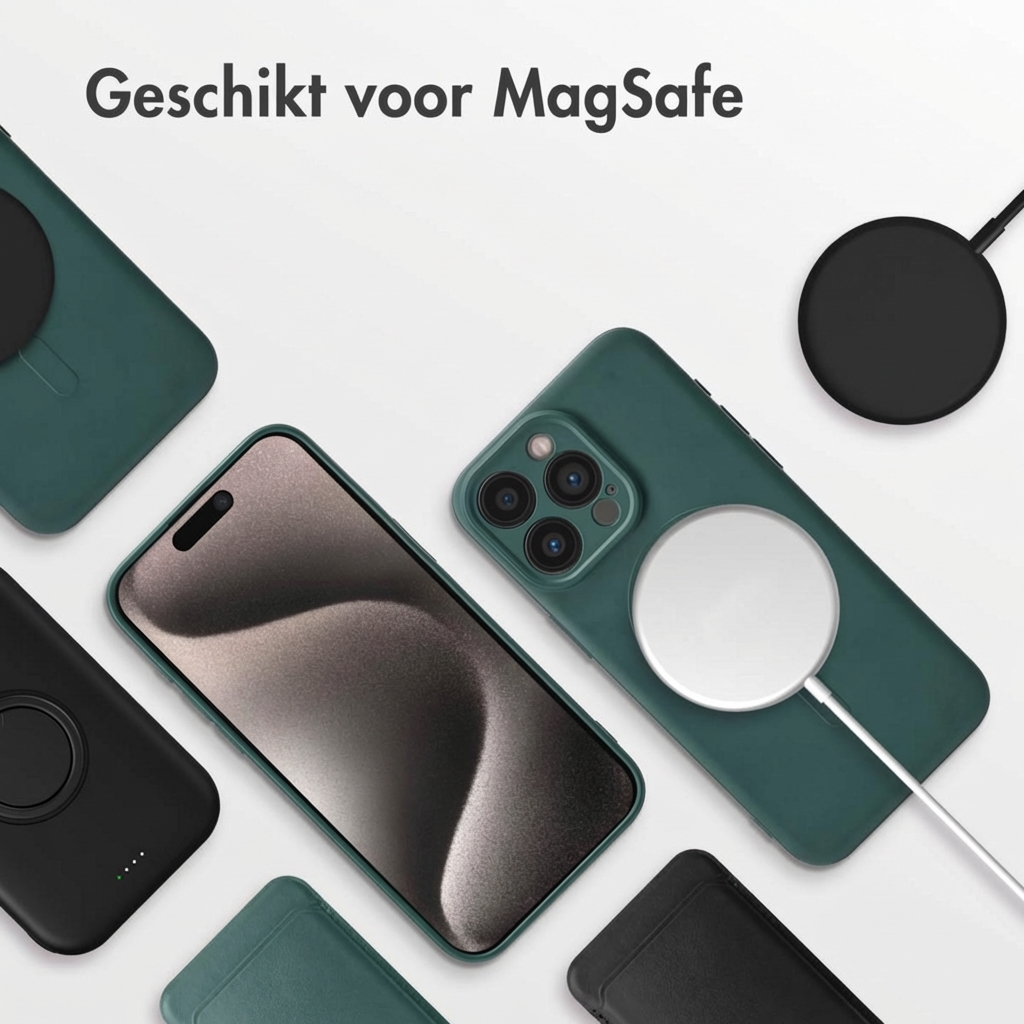 Custodie per iPhone e caricabatterie MagSafe su sfondo bianco.
