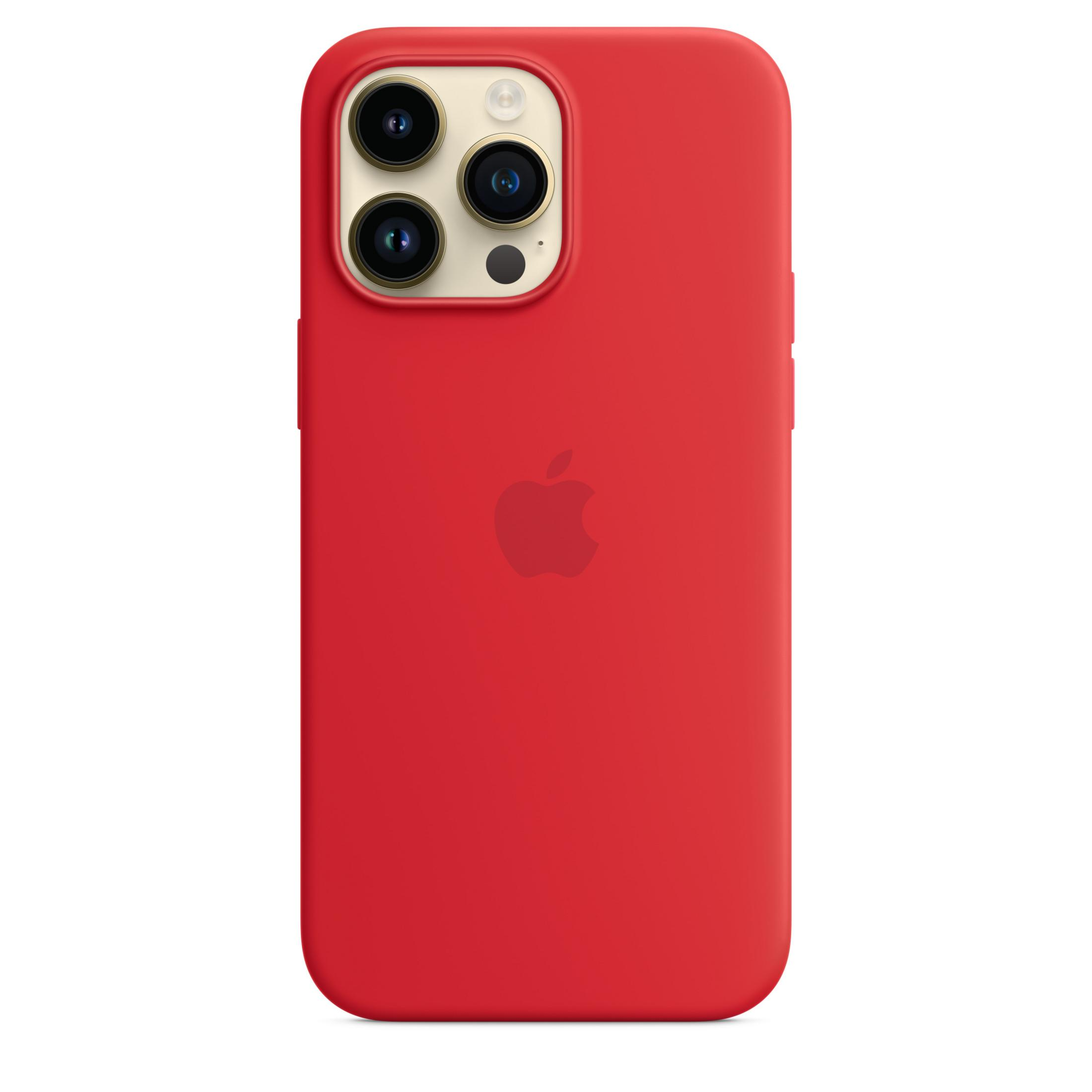 Rote iPhone-Hülle mit Apple-Logo und Kameraloch.